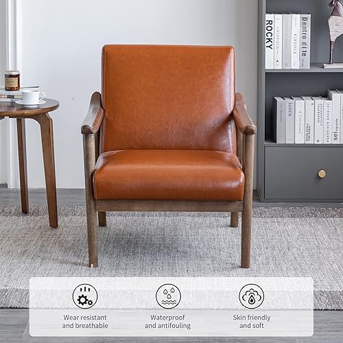 Miniatura 18 de UNICOO - Sillón decorativo de piel sintética con marco de madera maciza. Silla de lectura moderna de mediados de siglo para sala de estar dormitorio