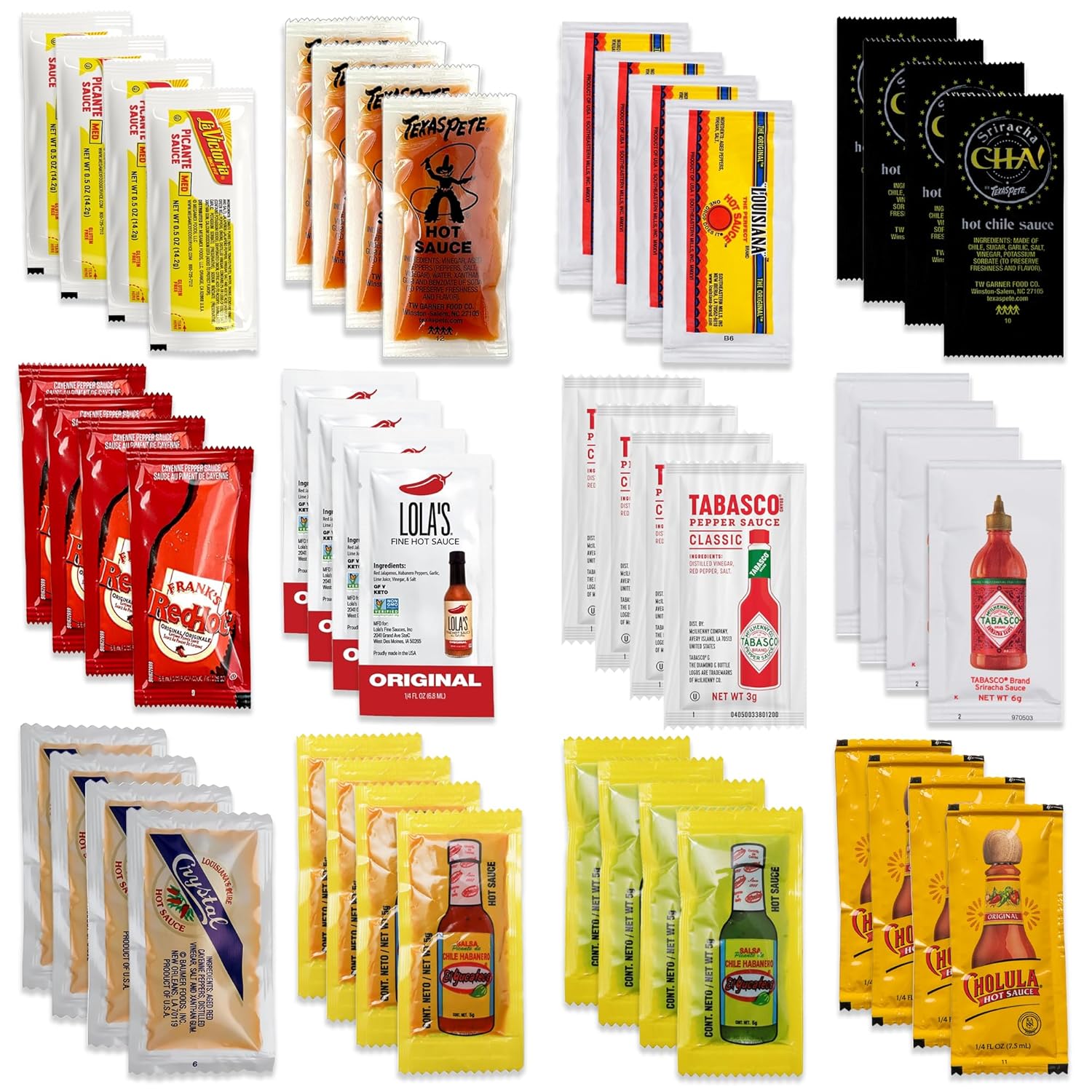 Hot Sauce Variety Pack of 48 Condiment Packets. 4 Each of