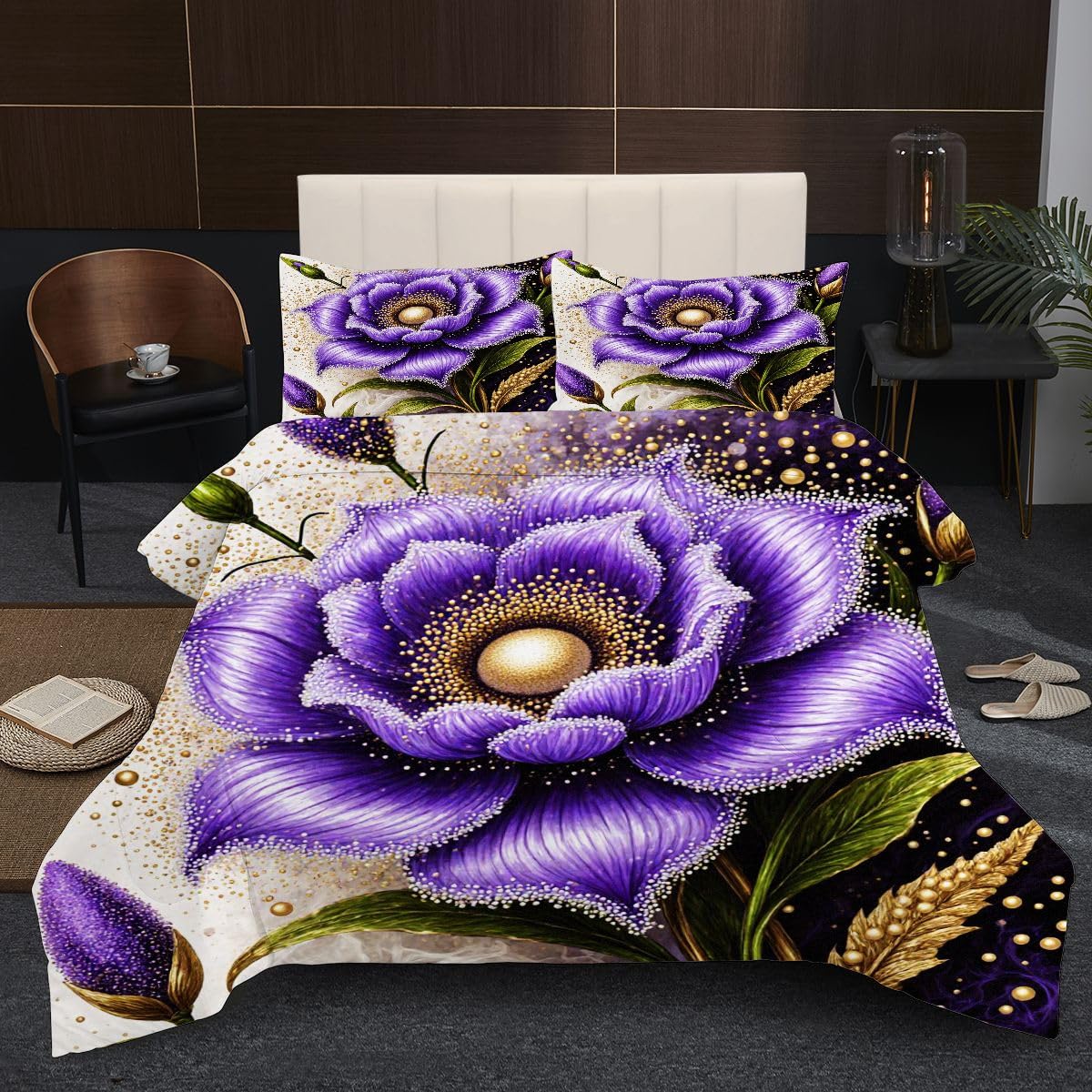 Kołdra dwuosobowa 150x200 cm | Fioletowy kwiat, super miękka mikrofibra z wypełnieniem bawełnianym 200 gsm, zawiera 2 poszewki na poduszki, ciepło zimowe A386