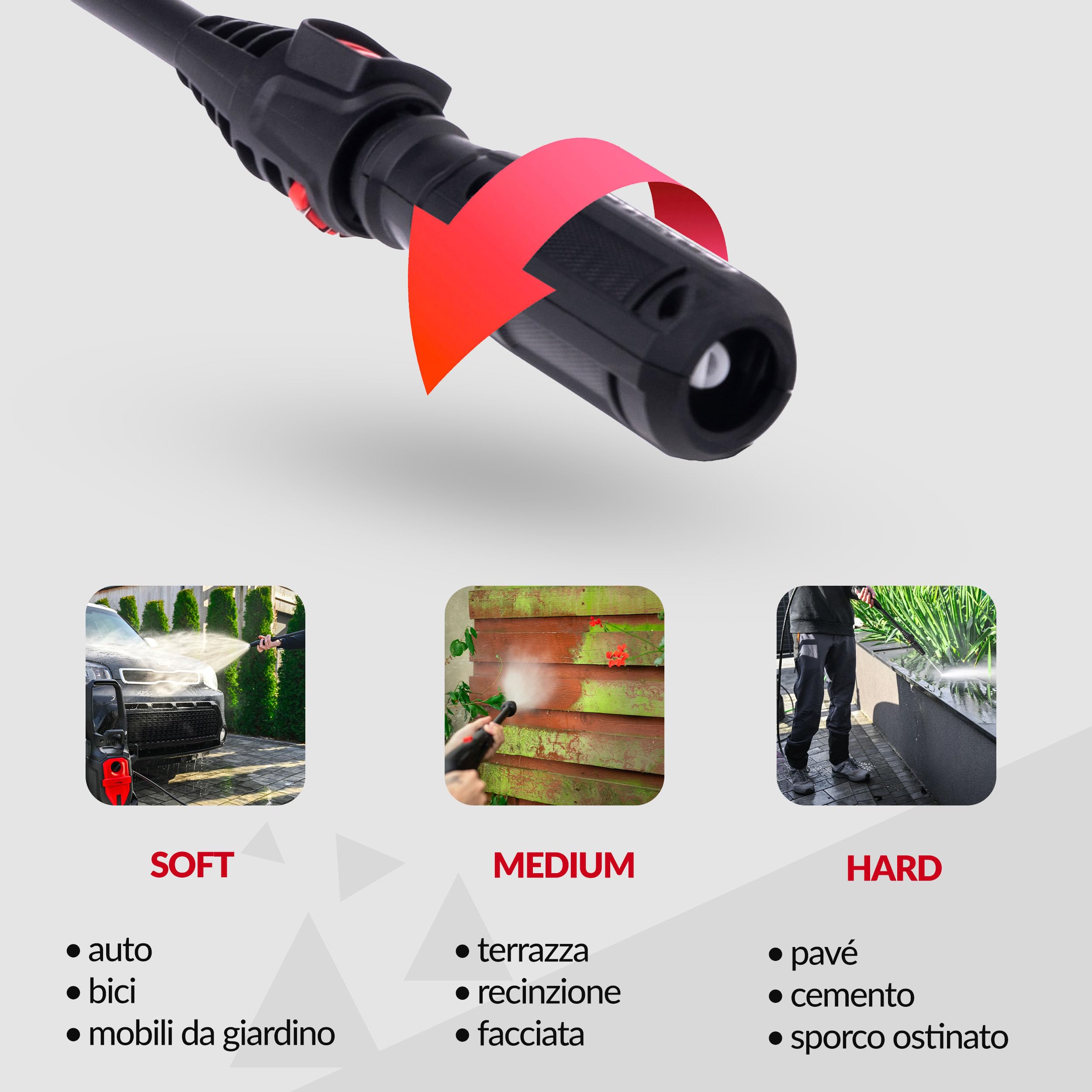 LEHMANN Denver Idropulitrice, 2200 W, max. 240 bar, Portata 480 l/h, Raggio d'azione 15 m, Pompa in alluminio, Lancia Schiuma, Ugello Regolabile et Turbo, per Auto, Esterni di Casa, Nero/Rosso