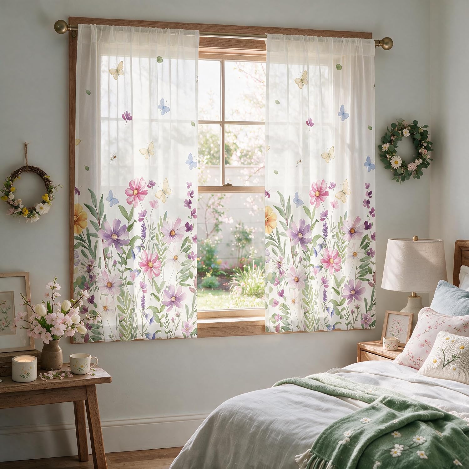 Horaldaily 2Pcs Floral Sheer Window Curtains 52x63in, Wildflower Butterfly