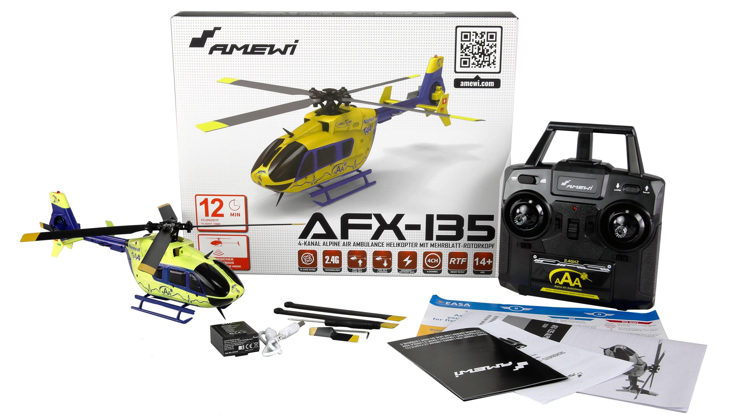 Amewi AFX-135 Alpine Air Ambulance Helicóptero de 4 Canales 6G RTF Amarillo neón Azul