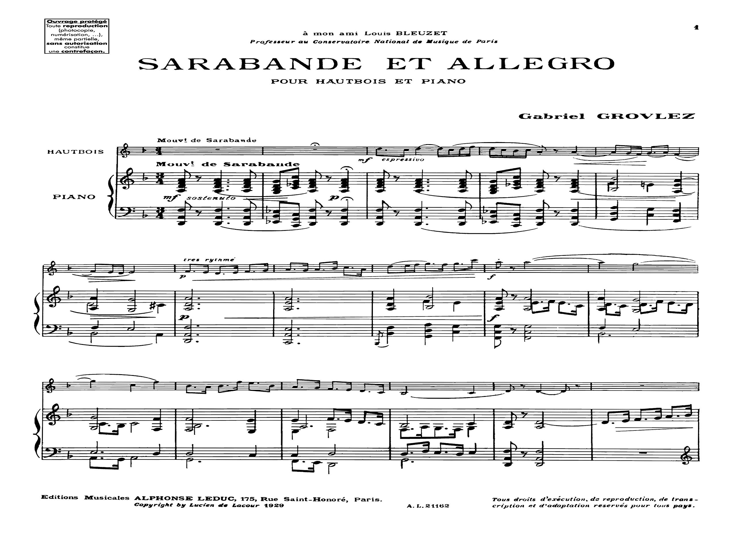GABRIEL GROVLEZ: SARABANDE ET ALLEGRO FOR OBOE AND PIANO