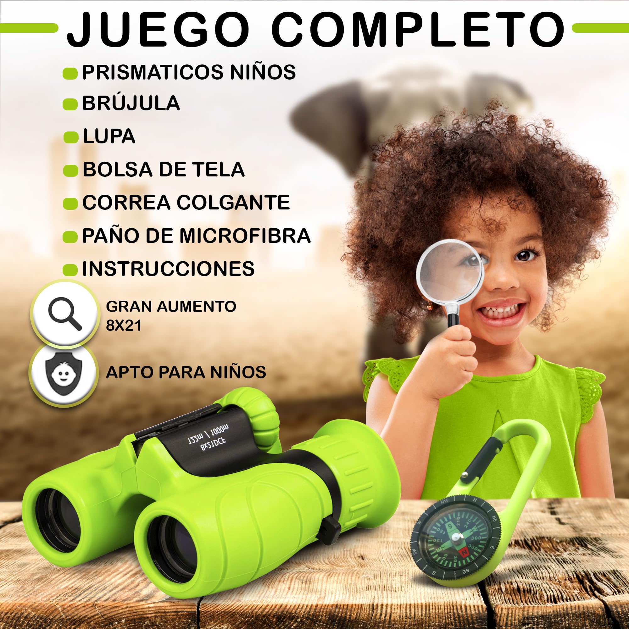 Prismaticos Niños Niños y Niñas - Gran Aumento 8X21 - Juego Completo con Lupa y brújula - Juguetes y Regalo Niño y Niña de 3 – 12 años