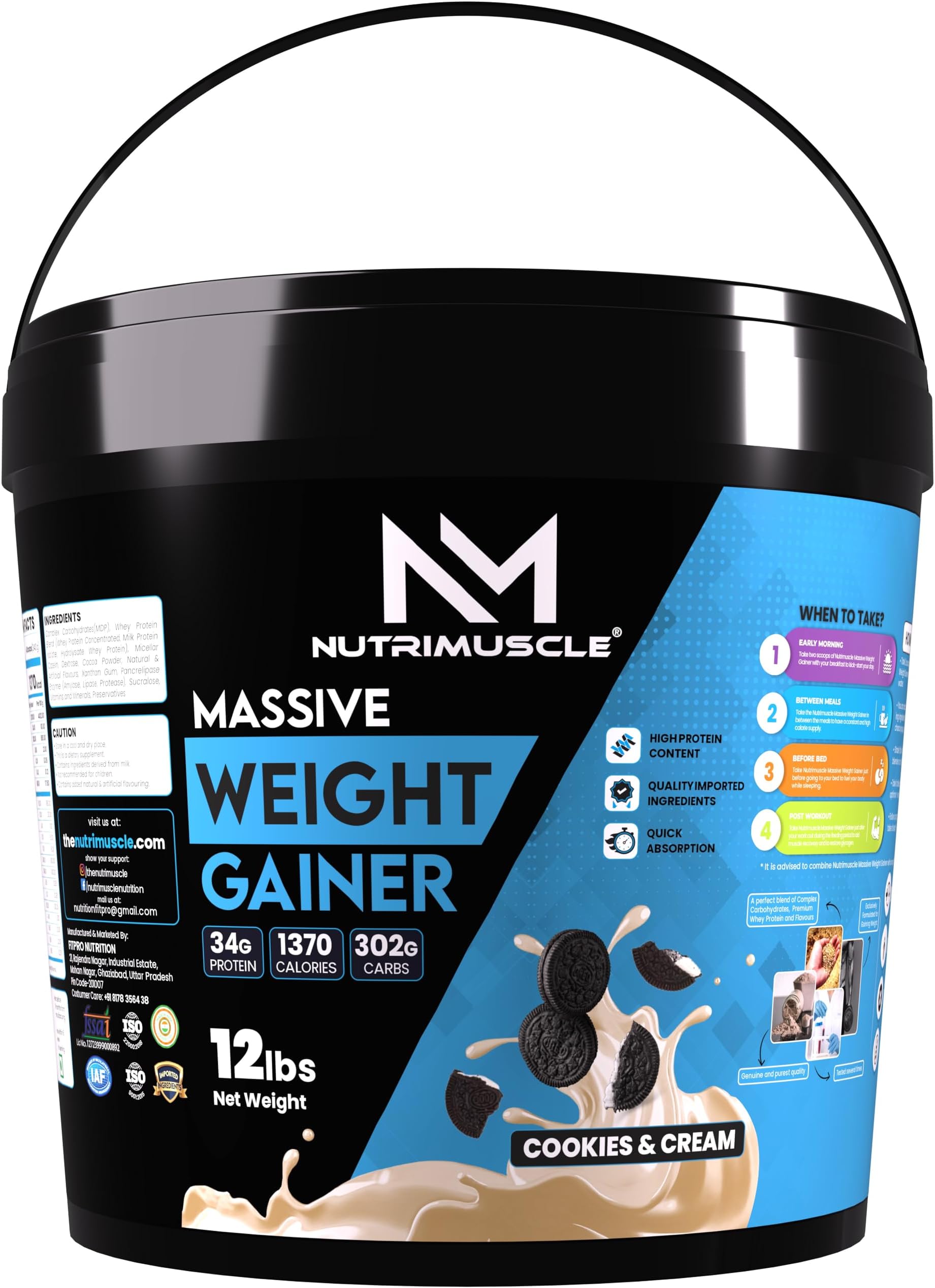 Massive Weight Gainer - 12 lbs - Cookies and Cream Flavour - Contains Complex Carbohydrates for Healthy Weight Gain
