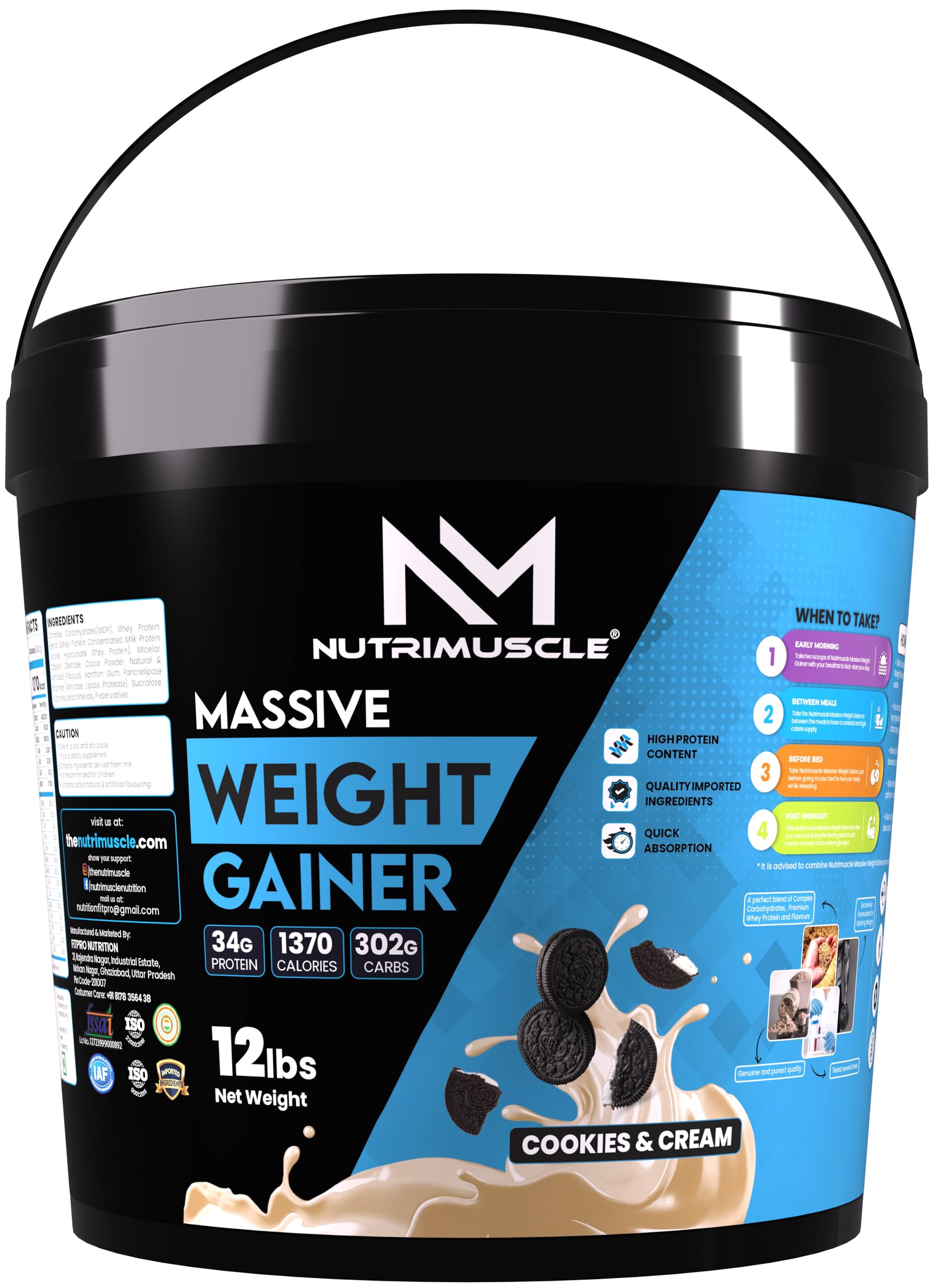 Nutrimuscle ® Massive Weight Gainer - 12 lbs - Cookies and Cream Flavour - Contains Complex Carbohydrates for Healthy Weight Gain