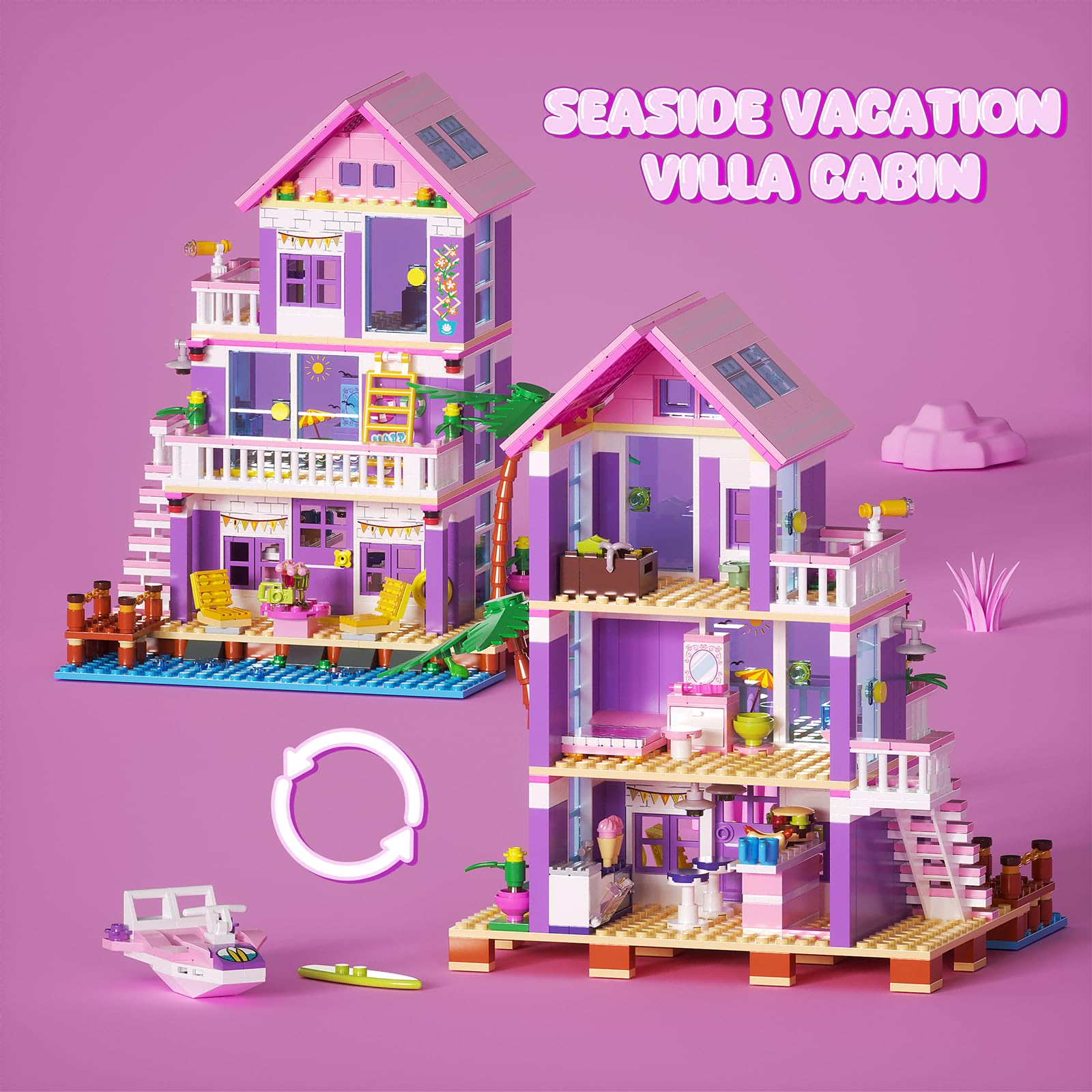 Beach House Building Sets, Seaside Villa House Building Toys Compatible with Lego Friends Sets for Girls Age 8-12, Creative Holiday Cottage Building Kit, Gift for Christmas, Valentine's Day, Party