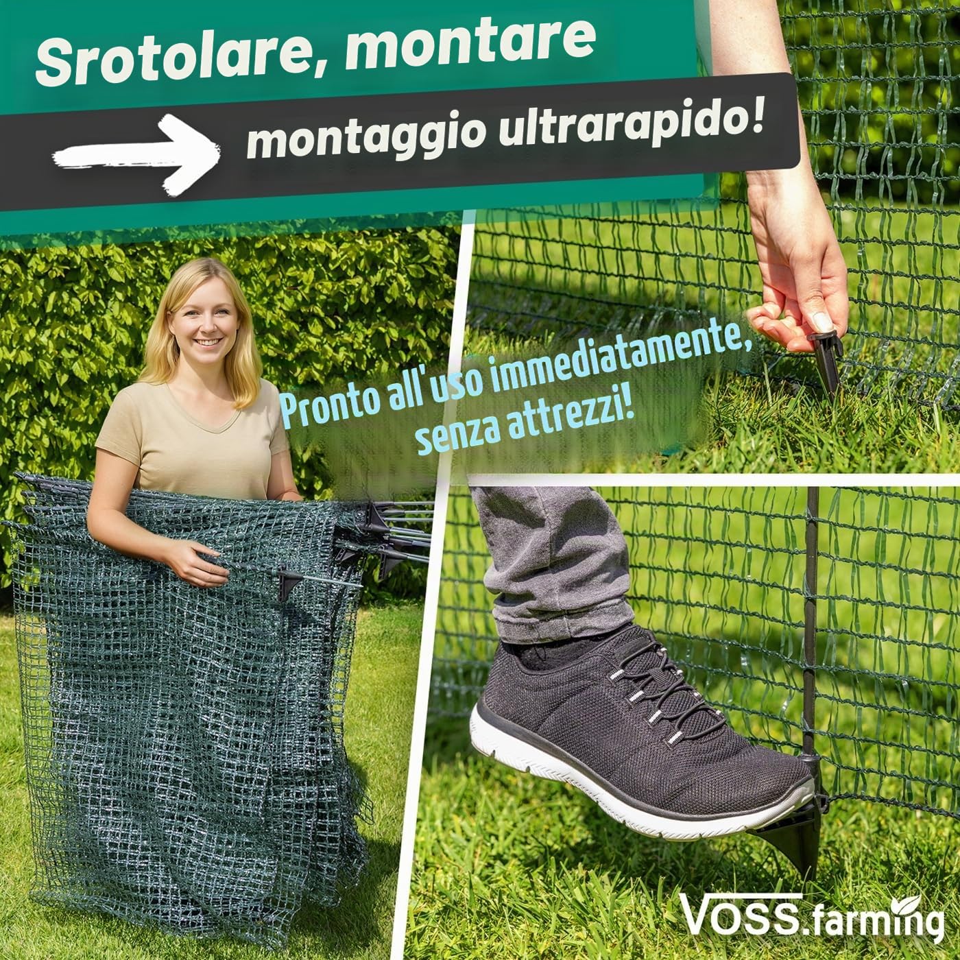 VOSS.farming Rete perimetrale Classic Premium, Altezza 80 cm e Lunghezza 20 m, con 12 Pali in Fibra di Vetro, Colore Verde, Uso Universale