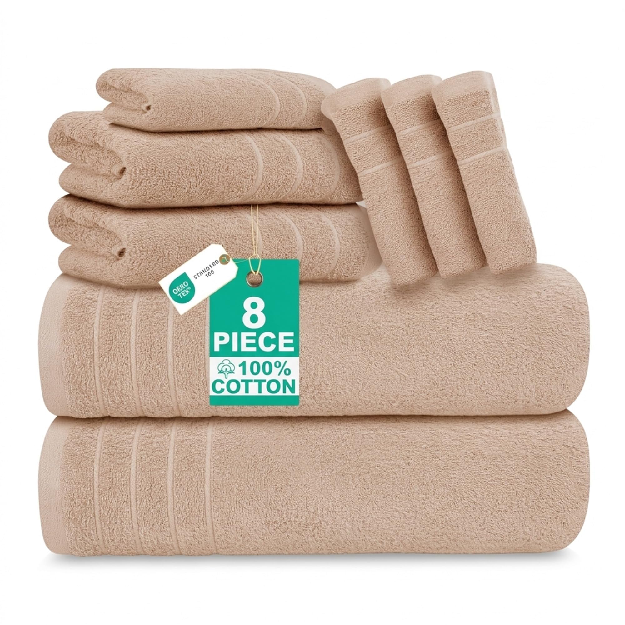 100% Cotton 8 Piece Towel Bale Set - Includes 2 Large Bath Towels, 2 Hand Towels & 4 Face Cloths - Super Soft, Quick Dry & Highly Absorbent Hotel Quality Bathroom Towels 450 GSM | Beige