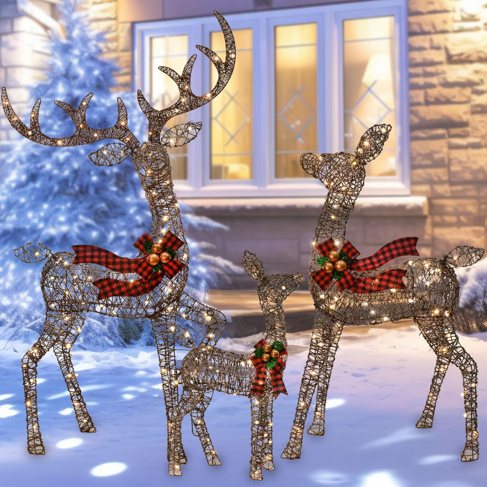 Lot de 3 décorations de Noël d'extérieur en rotin - Cerf lumineux en rotin avec 210 LED - Kit de décoration de cour extérieure avec 3 cerfs lumineux - Marron