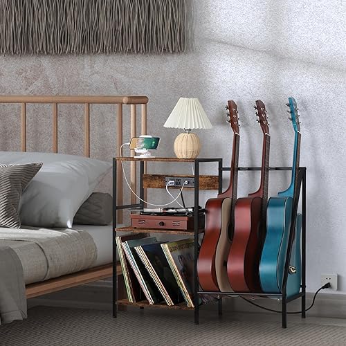 Miniatura 6 de Soporte para tocadiscos, mesa de almacenamiento de vinilo de 3 niveles con soporte para guitarra, soporte para tocadiscos con estación de carga y