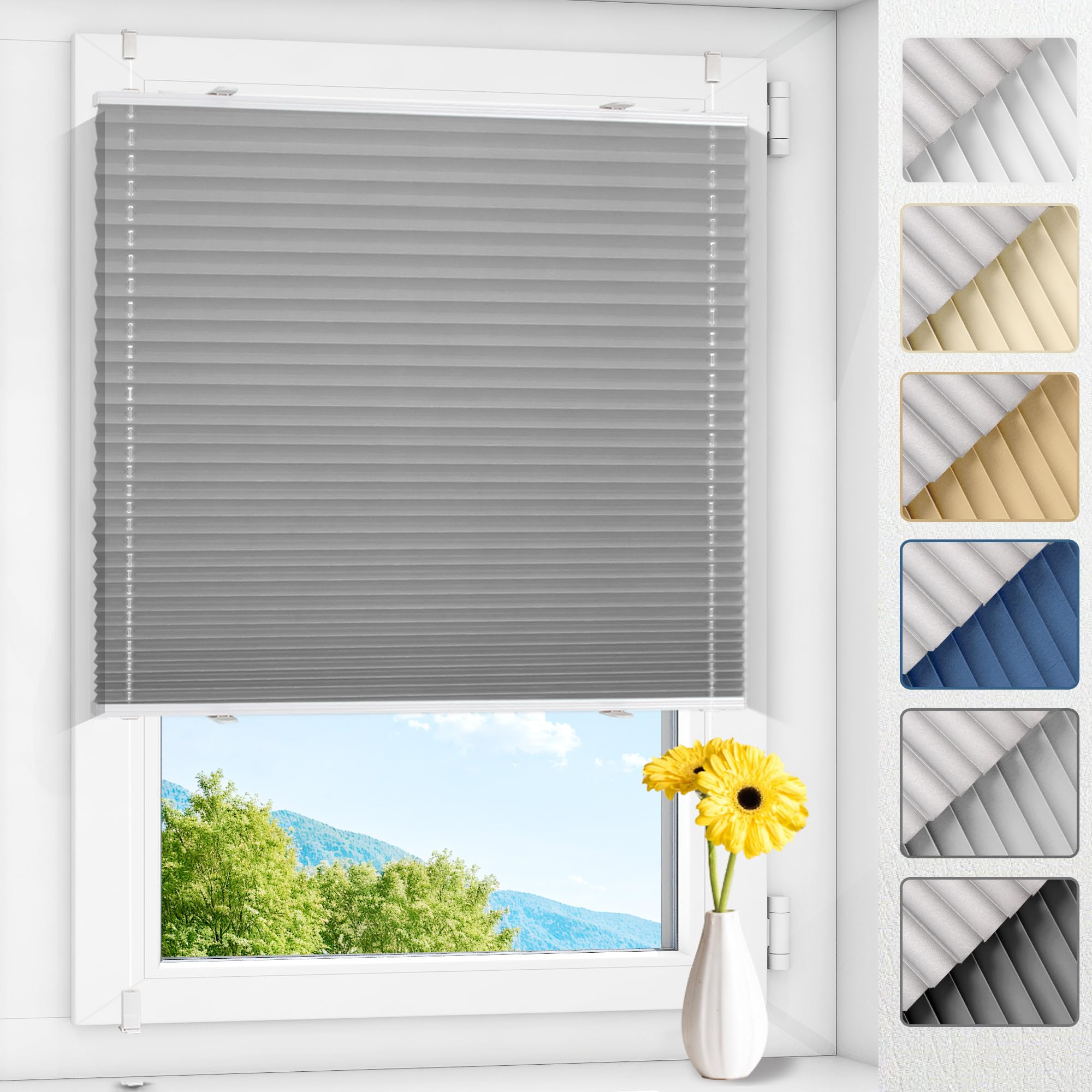 Allesin Plissee ohne Bohren Verdunkelung Klemmfix, Thermo Plisseerollo Hellgrau 80x110cm(BxH), Verdunklungsplissee 100% verdunkelnd & lichtundurchlässig für Fenster & Tür, Sichtschutz & Sonnenschutz