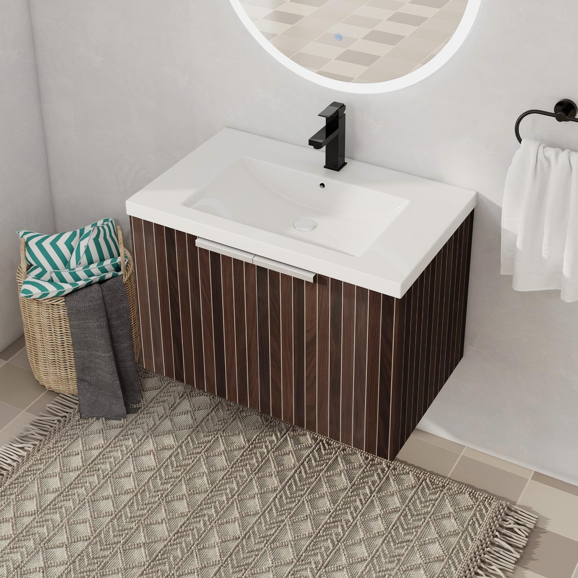 30" Bathroom Vanity with Sink, 30 Inch Floating Vanity, Single Sink Wall Mounted Vanity Combo, Modern Brown Bathroom Vanity Set with 2 Doors and White