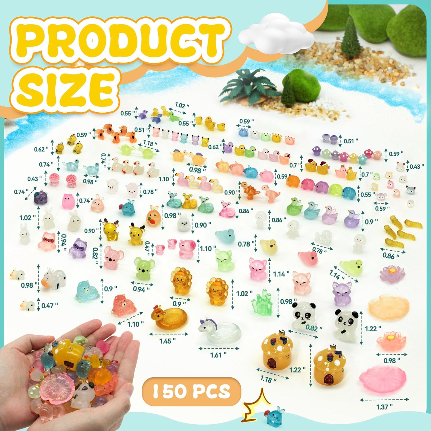 Tardigrade Mini Resin Animals Variety Pack, 150 Pcs Luminous Tiny Resin Animals Figures 48 Types Bulk Glow in The Dark Small Figurines Miniatures Garden Landscape Potted Decor