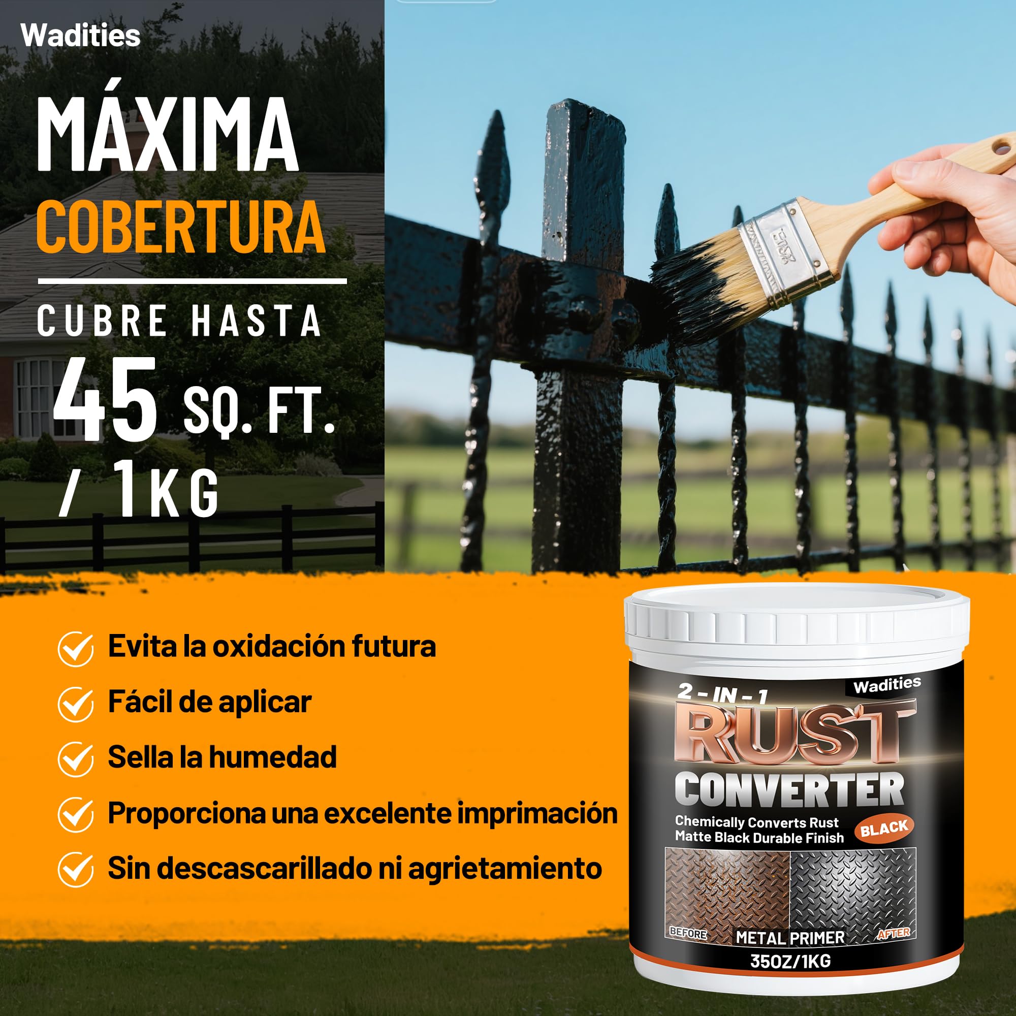 Convertidor de óxido y imprimación para metal 2 en 1, 1kg pintura inhibidora de óxido negro mate de para metal, pintura resistente al calor para chasis, bastidores, embarcaciones e industrias