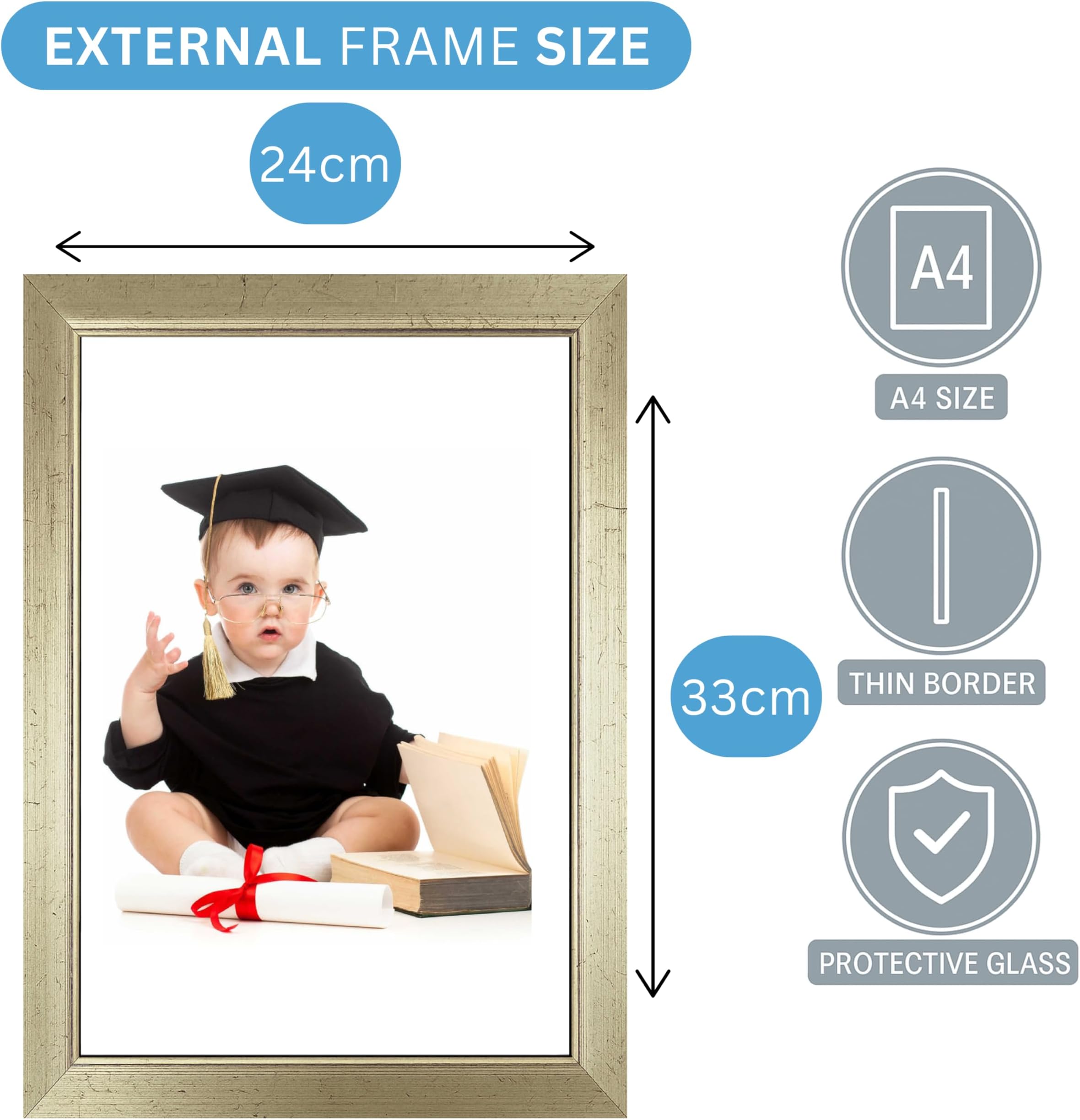 Clay Roberts A4 Gold Photo Frame, Picture Frame, Certificate and Document Frame, Wall Mountable and Table Top
