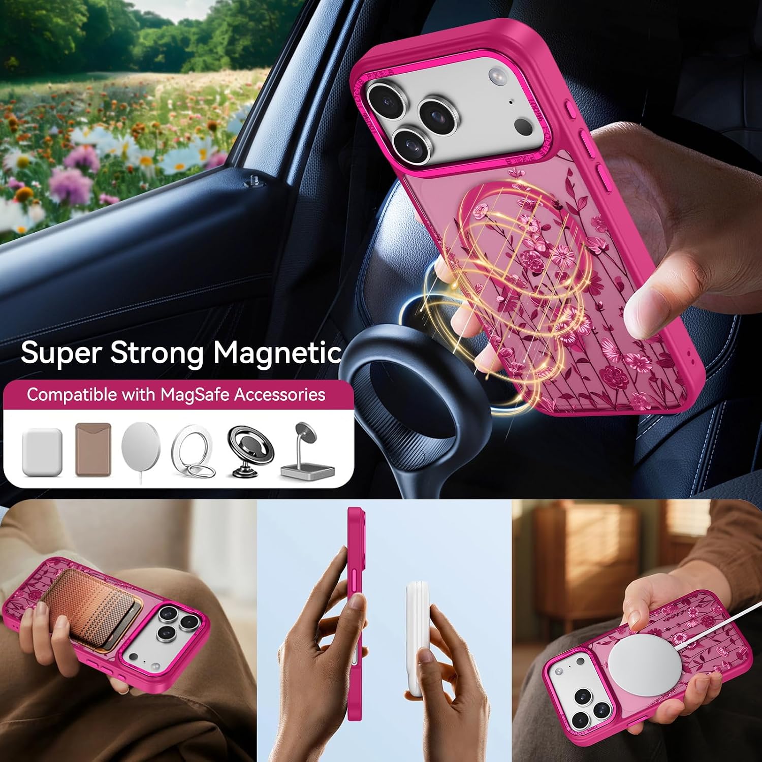 DOMAVER for iPhone 17 Pro Max Case, Magnetic Flowers Design - Plum image 4