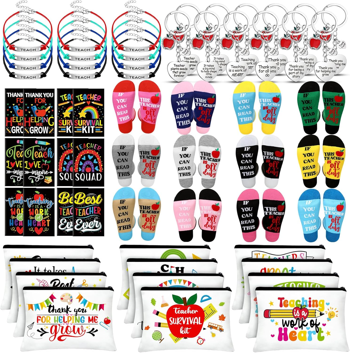Hosuly 60 Pcs Teacher Appreciation Gifts Set 12 Cosmetic Bag Makeup Pouch 12 Blessing Card Bracelet 12 Charm Keychain 12 Inspirational Notebook 12 Socks for Teacher's Day Graduation Thank You Gift