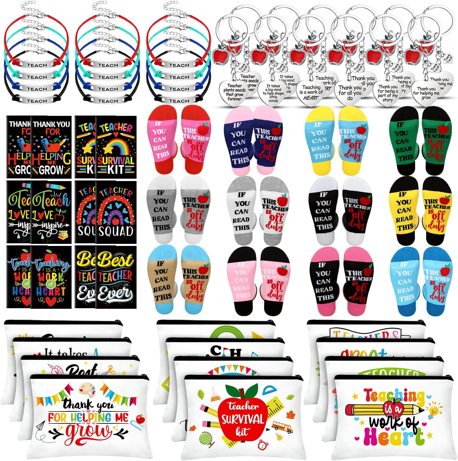 Hosuly60 Pcs Christmas Teacher Appreciation Gifts Set 12 Teacher Survival Kit Cosmetic Bag Makeup Pouch 12 Teacher Blessing Card Bracelet 12 Teacher Keychain 12 Inspirational Notebook 12 Sock