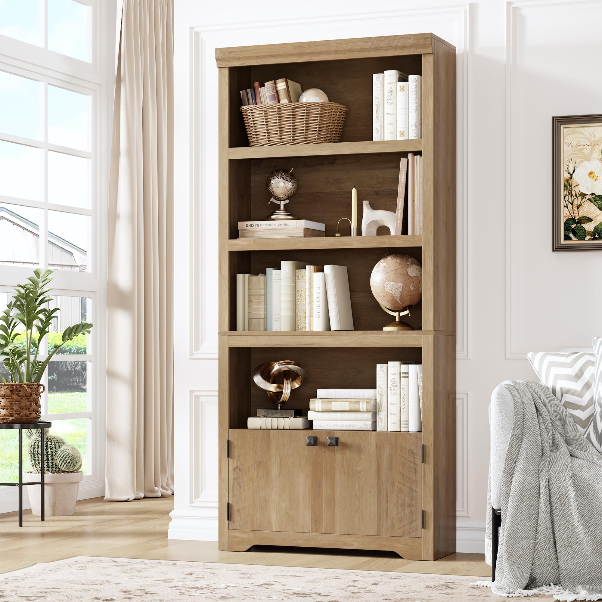 View 1 of **PARTS ONLY** 5 Tier Bookshelf, 69'' Tall Farmhouse Bookcase with 2 Doors & Adjustable Shelves - 31.5”w Open Display Storage Rack with Anti-Slip Design for Home Office, Balcony, Library, Study, Living Room, Brown