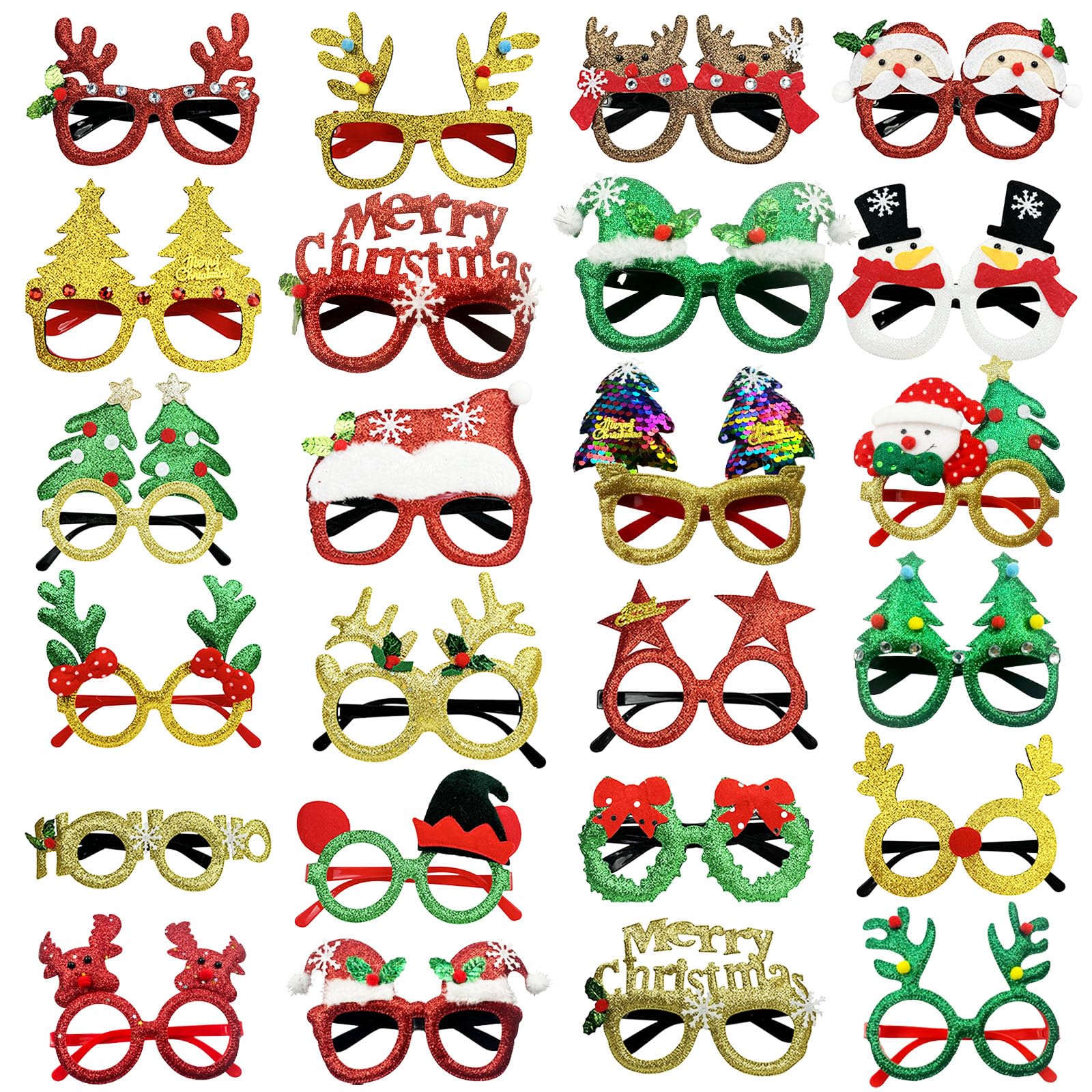 24 PCS Christmas Glitter Party Eyeglasses,Novelty Christmas Glasses Frames,Xmas Costume Party Glasses Frame Props for Kids Adults to Wear for Holiday Party Favors Gift Create Joyful Atmosphere