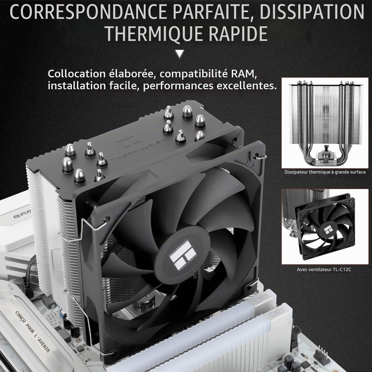 Thermalright Refroidisseur d'air pour processeur 6 caloducs TL-C12C PWM Quiet Fan 1550 tr/min AM4/AM5, Intel LGA1851/1700/1150/1151/1200