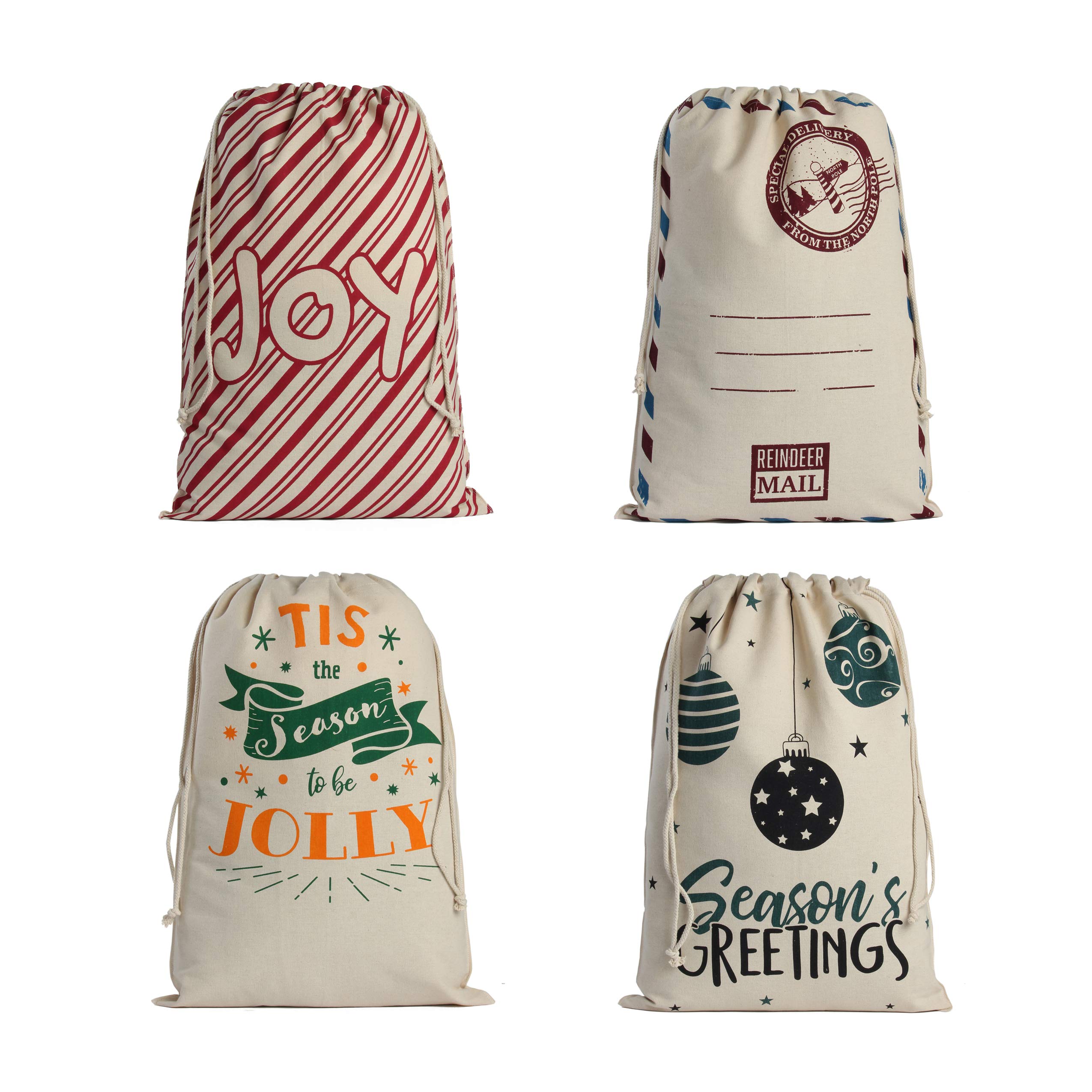 Extra Large Santa Sacks Christmas Cotton Canvas Holiday Gift Bags Stocking Totes with Drawstrings for Holiday Presents, Stocking Stuffers or Decorations 27.5 inches X 19.7 inches (4 Pack)