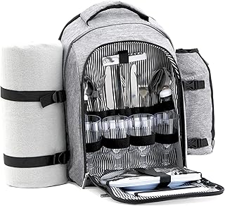 CampFeuer Zaino da picnic da 32 pezzi | set da picnic per 4 persone | con supporto per bottiglie, coperta da picnic, scomparto termico e stoviglie da campeggio (Grigio)