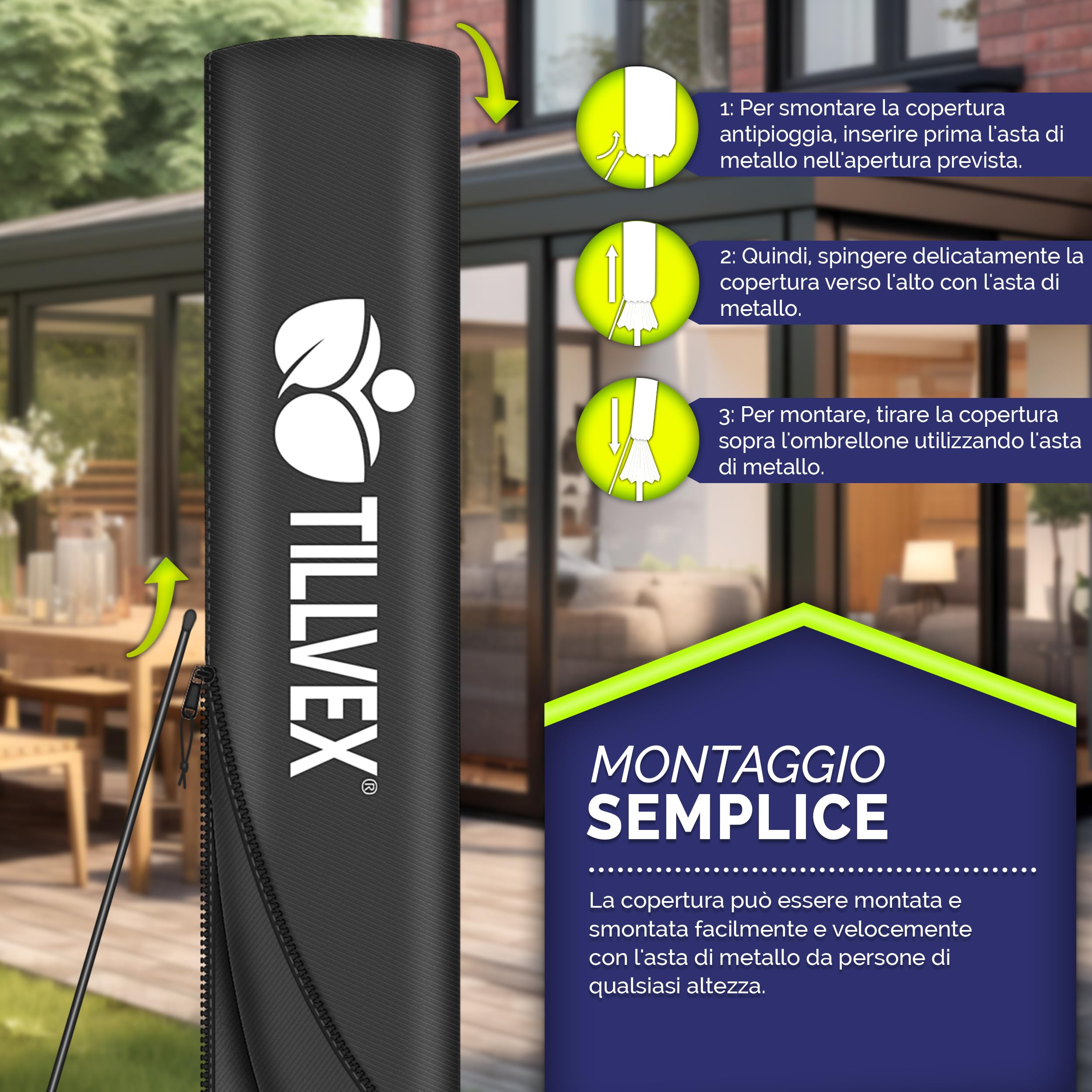 Tillvex Ombrellone Giardino LED Solar Ø300 cm Manovella Base | Interruttore UV-Proof Alluminio Impermeabile