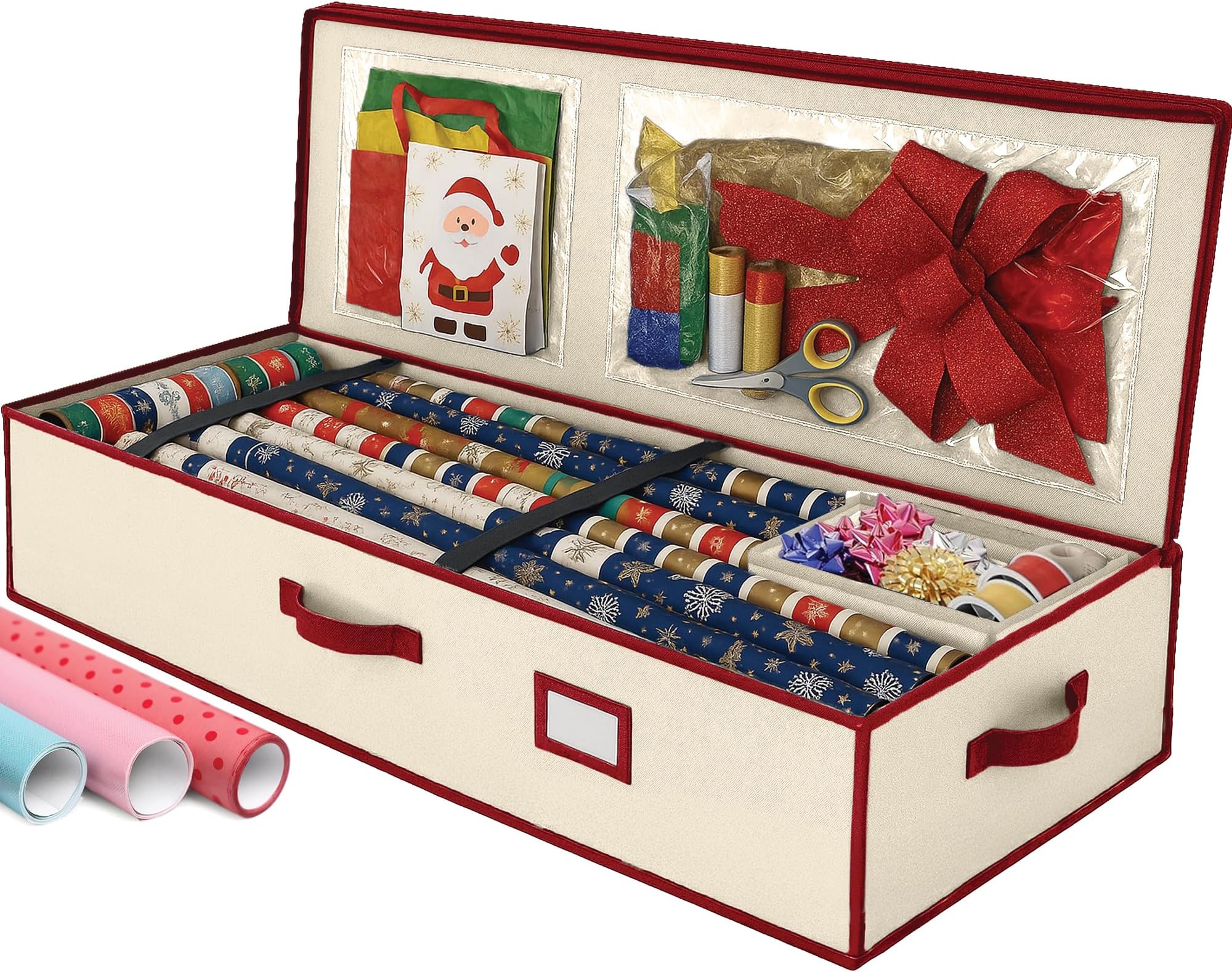 Christmas Wrapping Paper Organizer Storage, with Straps & Pockets, Gift Wrap Organizer Bag for Christmas Decorations, Fits Upto 24 Rolls, Underbed Storage for Holiday Decoration, (Ivory)