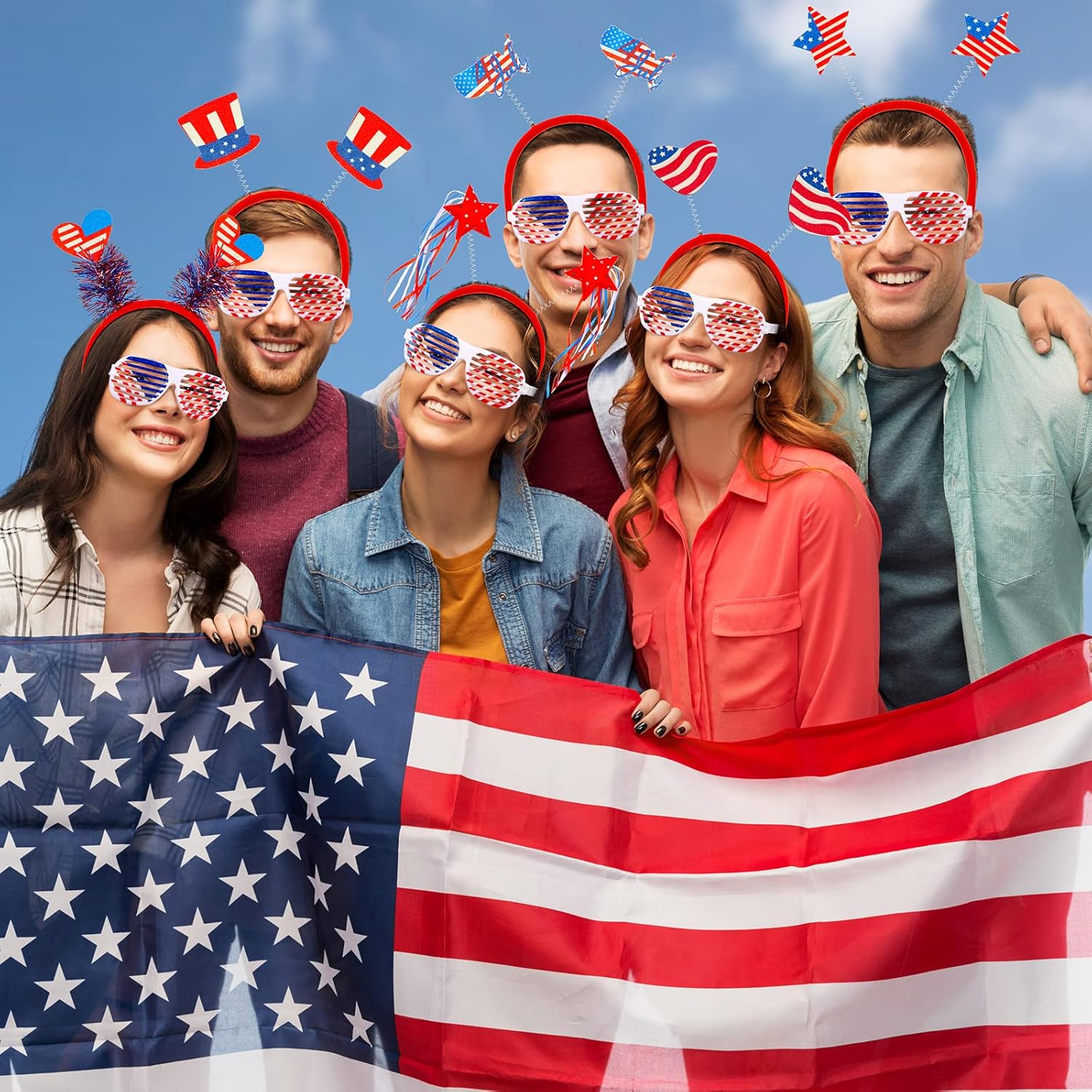 Honoson 48 Pcs 4th of July Accessories USA 250th Anniversary Party Favors Include 24 Patriotic Shutter Glasses 24 Head Boppers American Flag Sunglasses for Independence Day Veterans Day Supplies