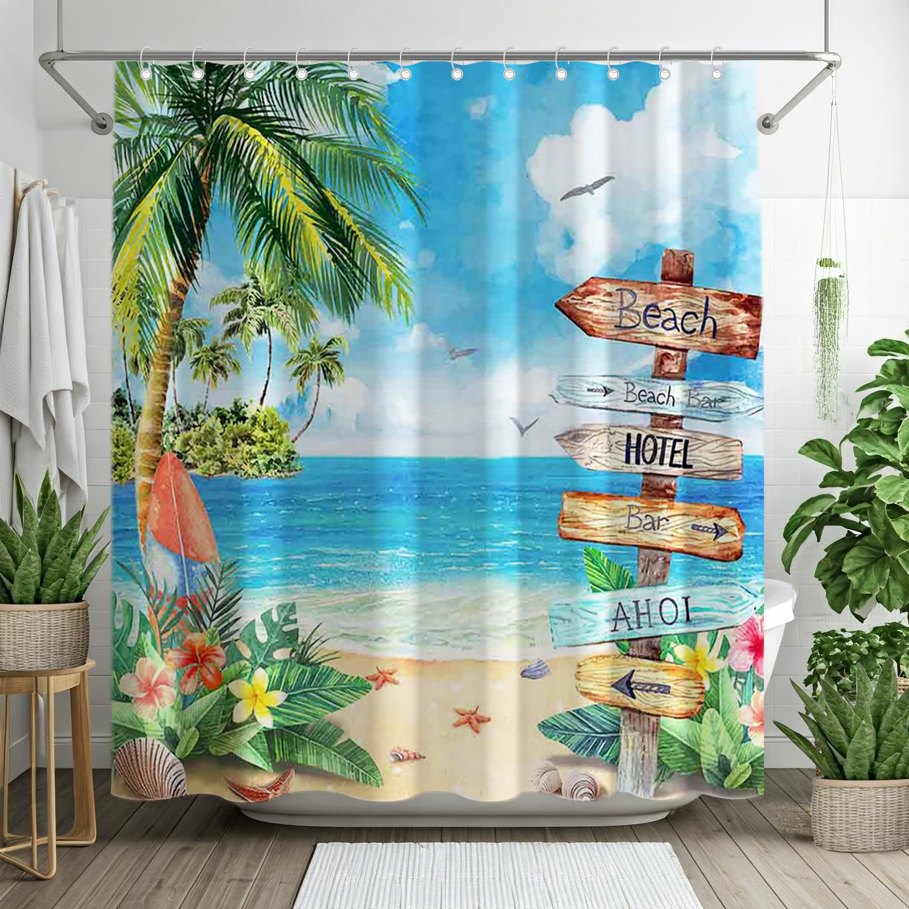 YCUCUEI Hawaiian Beach Curtain for Bathroom Aloha Luau Summer Tropica Palm Trees Seaside Signage Home Decorations Sets with 12 Hooks Waterproof Polyester 72