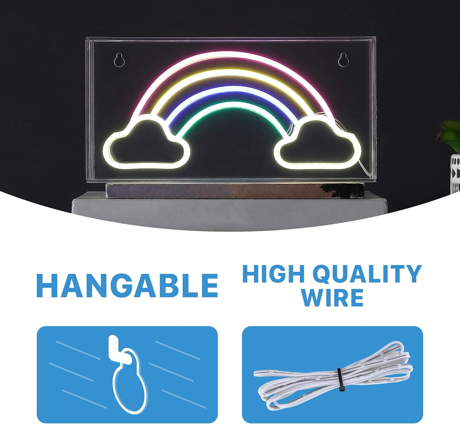JONATHAN Y 11.75" W x 5.88" H Multi-Colored Rainbow LED Neon Light, USB Operated Contemporary Acrylic Box Sign for Bedroom, Dorm, Nursery, Tabletop or Wall Hanging NEN1004A