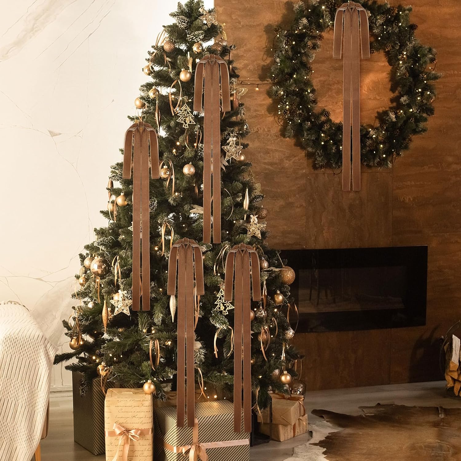 Janinka 12 Pcs Brown Velvet Ribbon Bows Christmas Tree Decorations 23.5x15.5 Inch Rustic Neutral Large Velvet Vintage Christmas Swag Ornaments Staircase Wreath Bows Tree Topper Bow