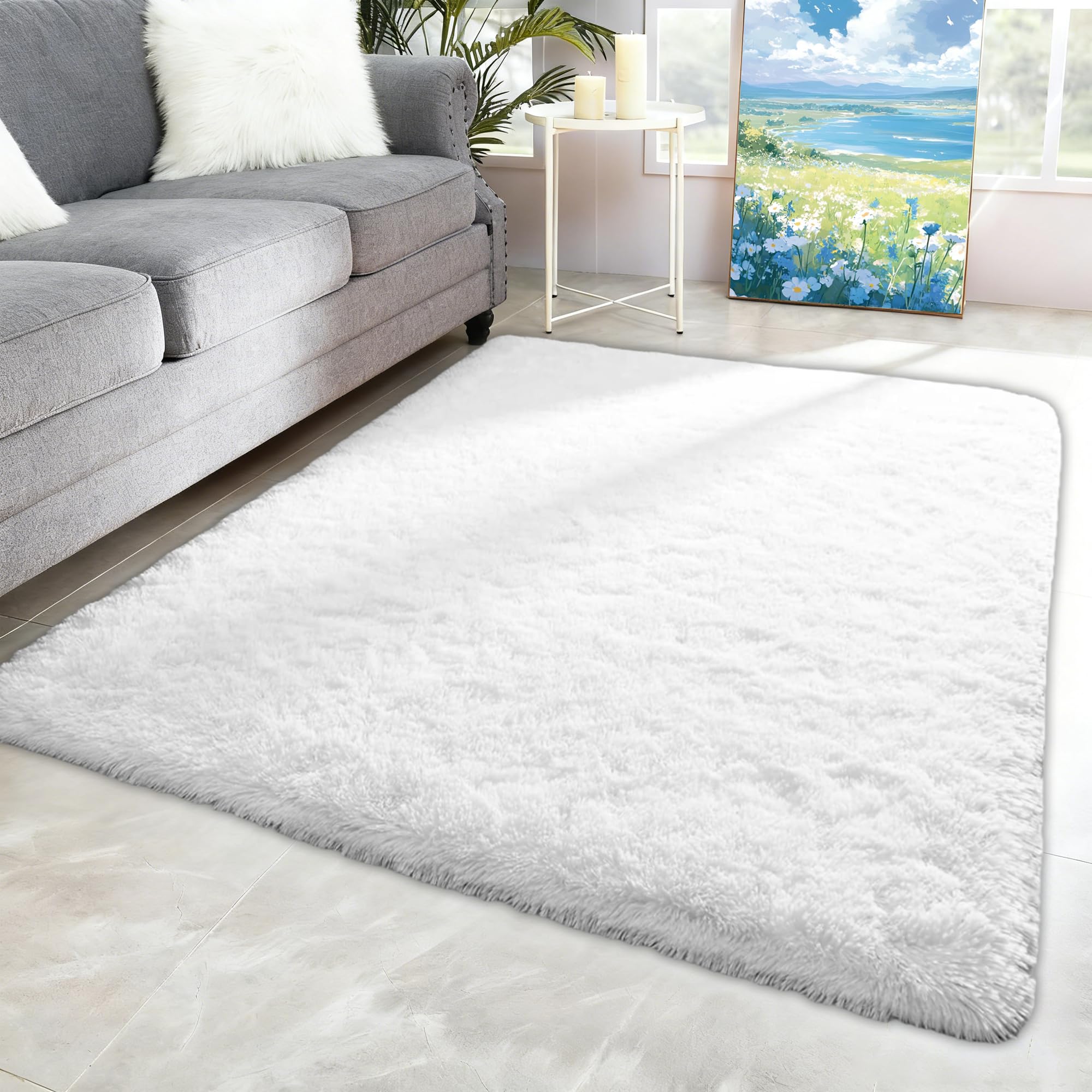 Flauschiger Hochflor Teppich 200 x 350 cm Flauschige Teppiche Jugendzimmer Mädchen Moderner Flauschiger Kuscheliger für Schlafzimmer, Küche, Flur, Weiß