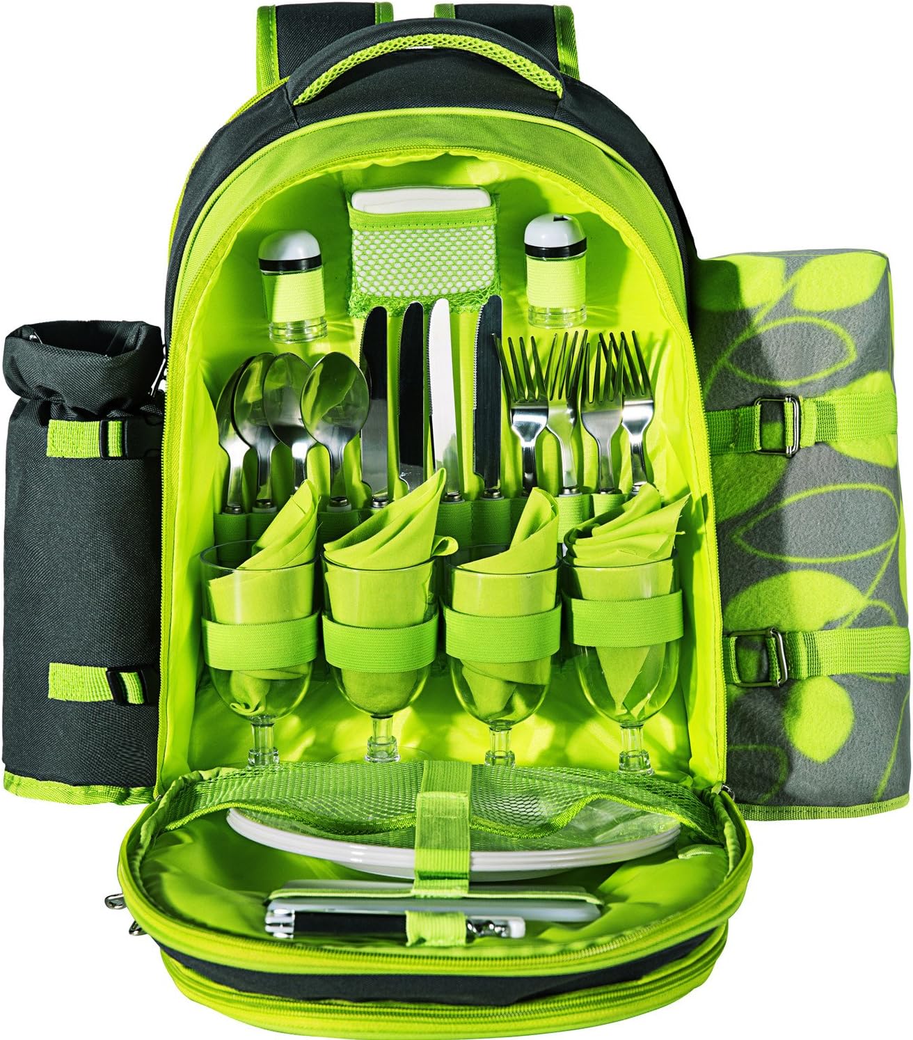 Stanfer 4 Persons Environmental Picnic Backpack with Cooler Compartment, Detachable Bottle/Wine Holder, Cutlery Set and Fleece Blanket