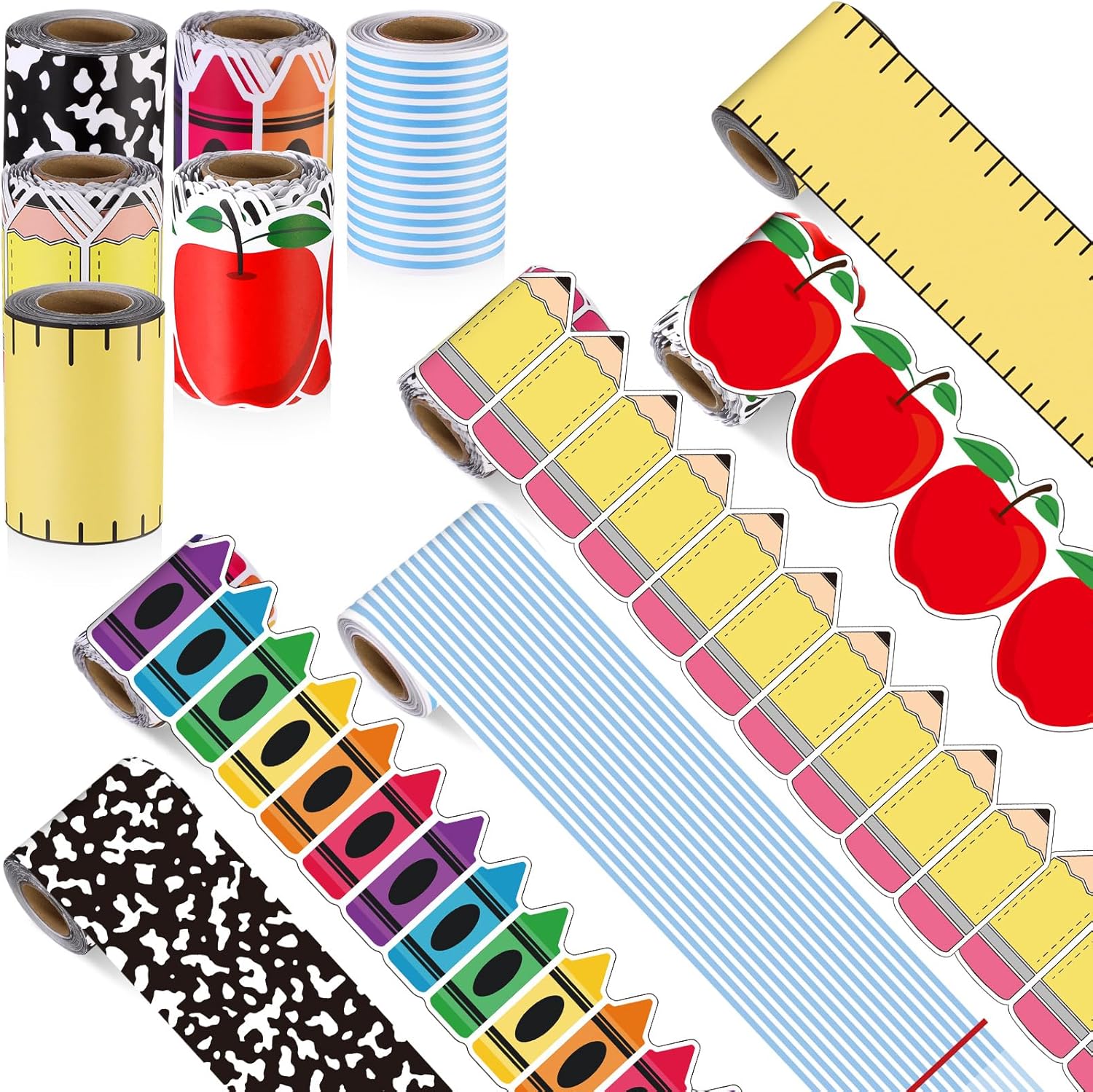 Tenceur 160ft Borders for Bulletin Board Decoration, 6 Rolls Apple Crayon Pencil Classroom Bulletin Board Borders, Scalloped Trims for School Office Whiteboard Wall Decor
