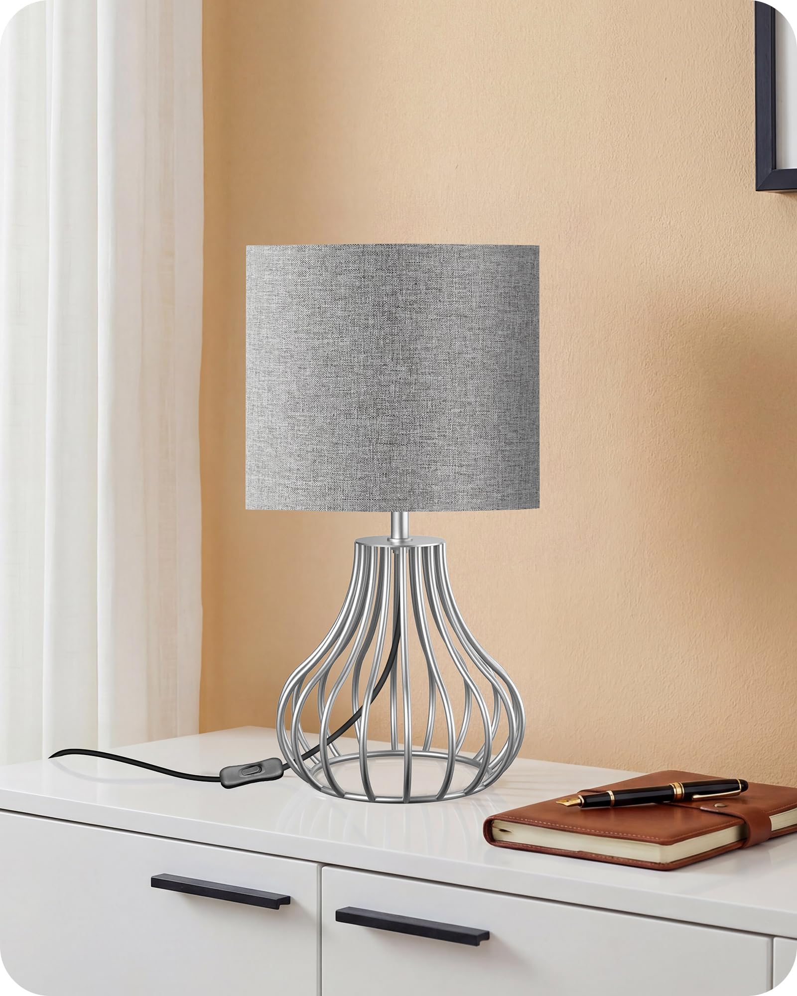 GOEBELSON Bedside Table Lamp, Silver Metal Table Lamp with Grey Linen Lampshade, Modern Bedside Lamps for Bedroom, Industrial Cute Desk Lamp, 4W 2700K LED Bulb Included ZSH10TLK05