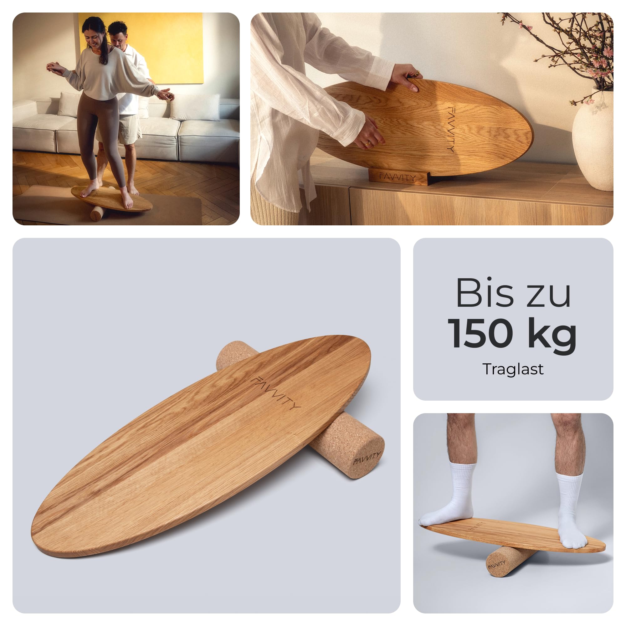 Balance Board aus Eichenholz [Handgefertigt in Deutschland] FSC-zertifizierter Gleichgewichtstrainer mit Trainings-App | Waveboard Surf Balance Board Erwachsene & Kinder | Balanceboards - FAVVITY®