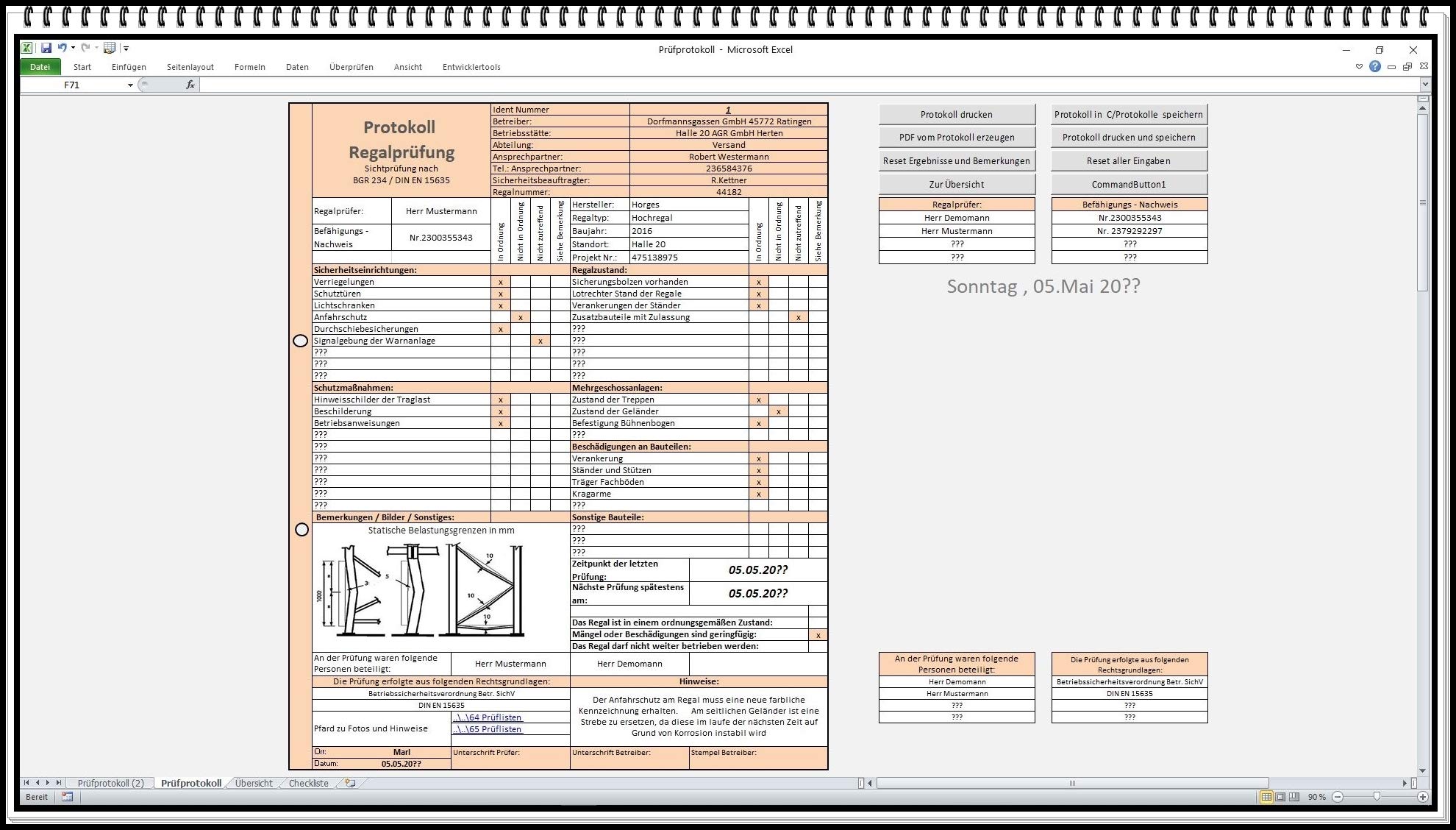 SEK DGUV Prüfbuch Regale Excel – Regalprüfung Software nach DIN EN 15635 mit Prüfintervallen, PDF-Export & Erinnerungsfunktion