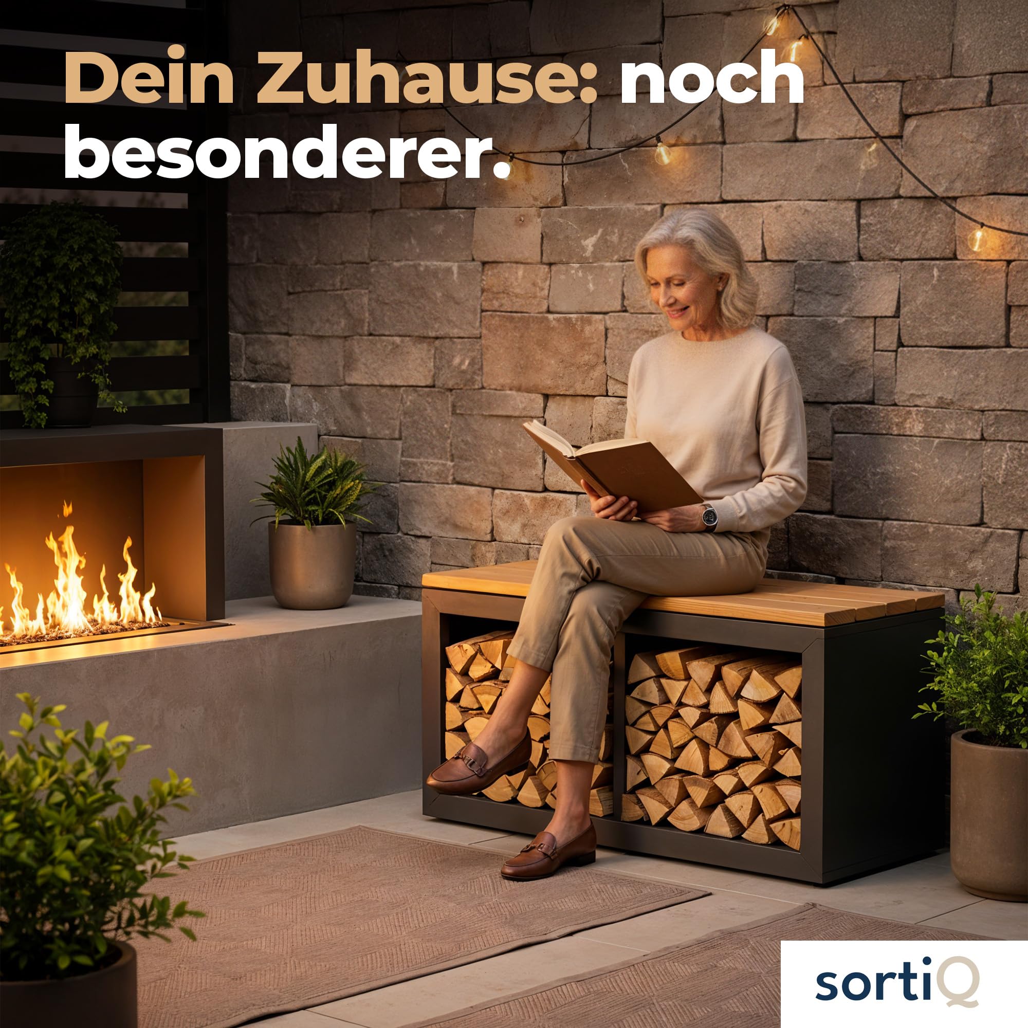 Holzlager Bank - Sitzbank mit Stauraum, feuerverzinktes, pulverbeschichtetes Stahlblech | Douglasie-Sitzfläche | Wetterfeste, Moderne Sitztruhe | Storage Bench | Made in Germany (90 x 50 cm)