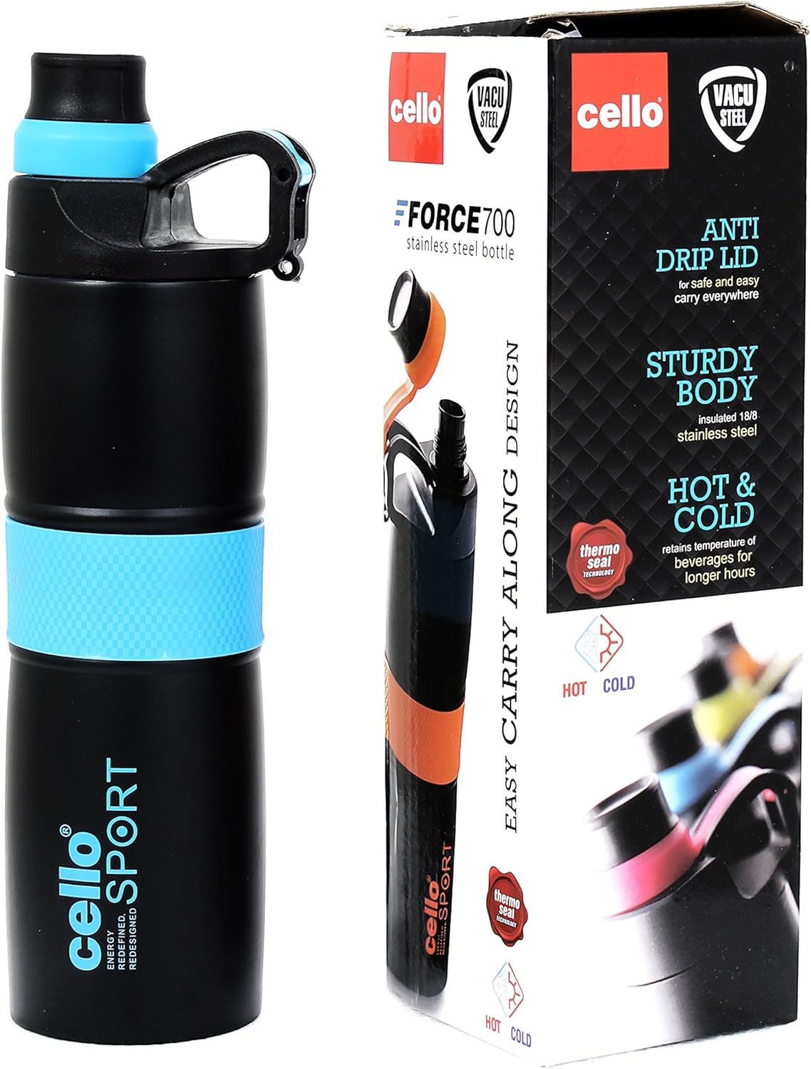 Cello 23 Oz Vacuum Insulated Stainless Steel Water Bottle, Hot & Cold, Sport, Kids, 700 ML, Blue, Thermos, BPA Free, Double Wall Insulation, Anti Drip Lid