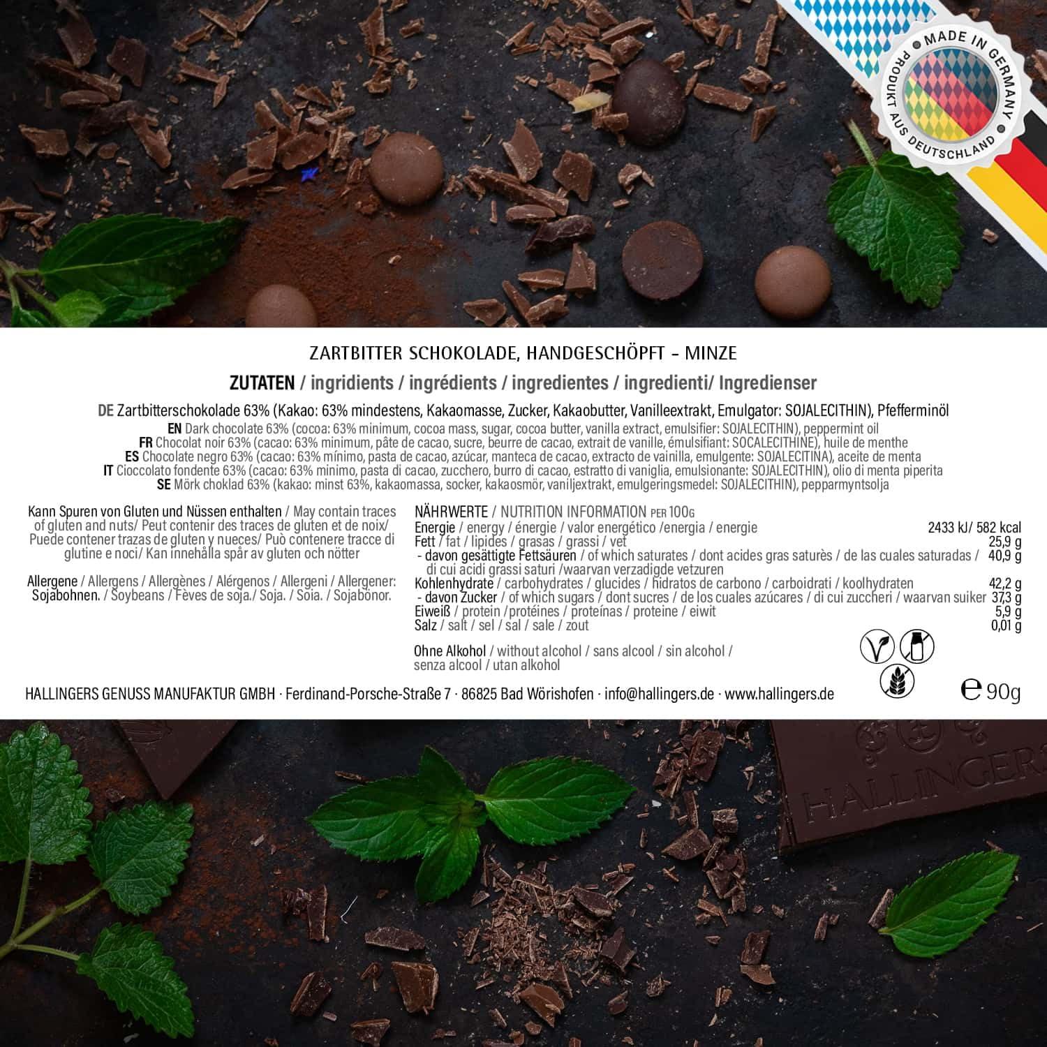 Hallingers Genuss Manufaktur Vegane Schokolade Geburtstagsgeschenk - Tafel handgeschöpfter Edelkakao ohne Alkohol edler Karton 10x "Happy Birthday ..." Minze, Geschenke für Frauen Männer