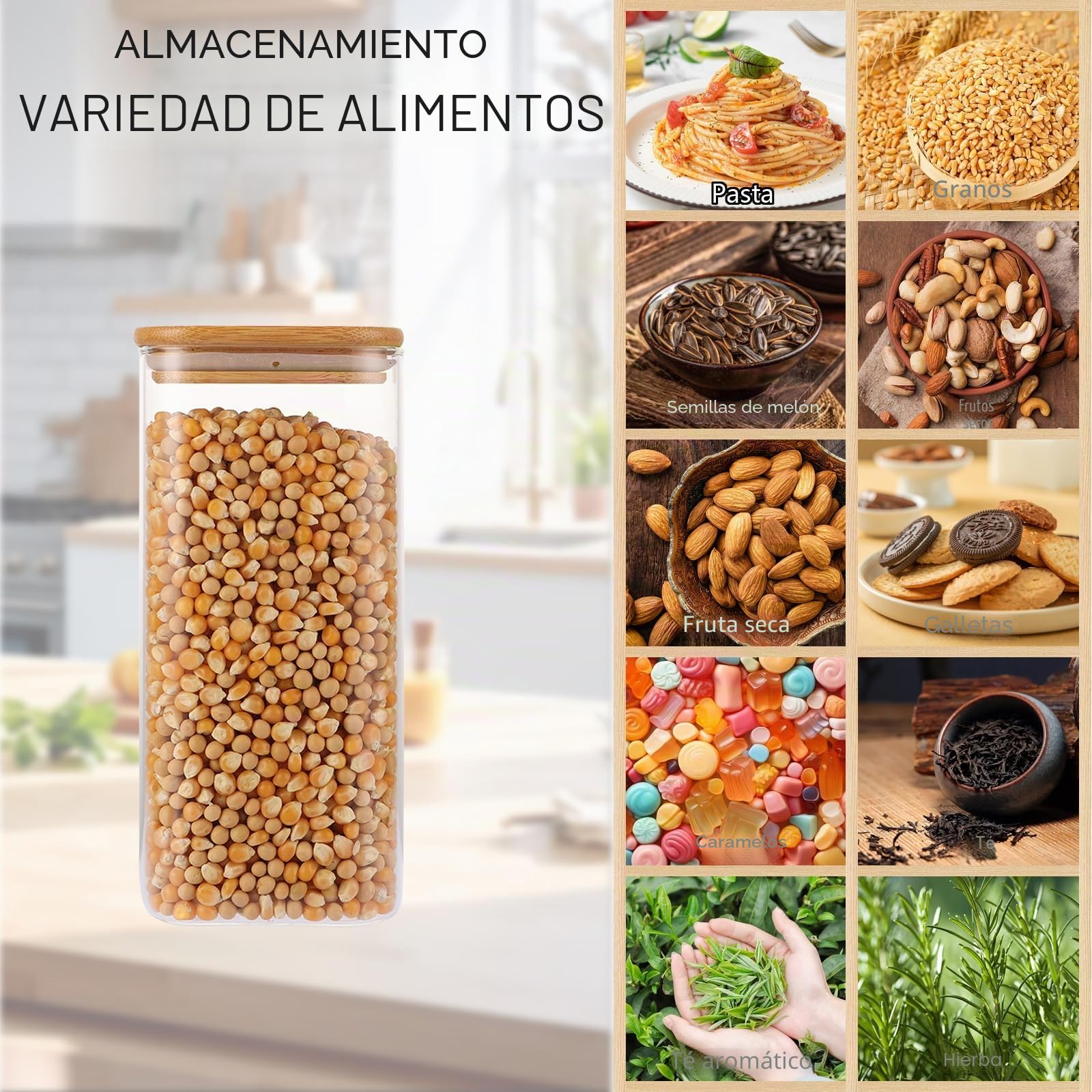 Tarros de Cristal con Tapa de Bambú Herméticos, 4 Botes Cocina Almacenaje 1500ml, Tarro Cristal 1500ml para Alimentos Secos, Vidrio Borosilicato Sin BPA, Transparente y Fácil de Limpiar
