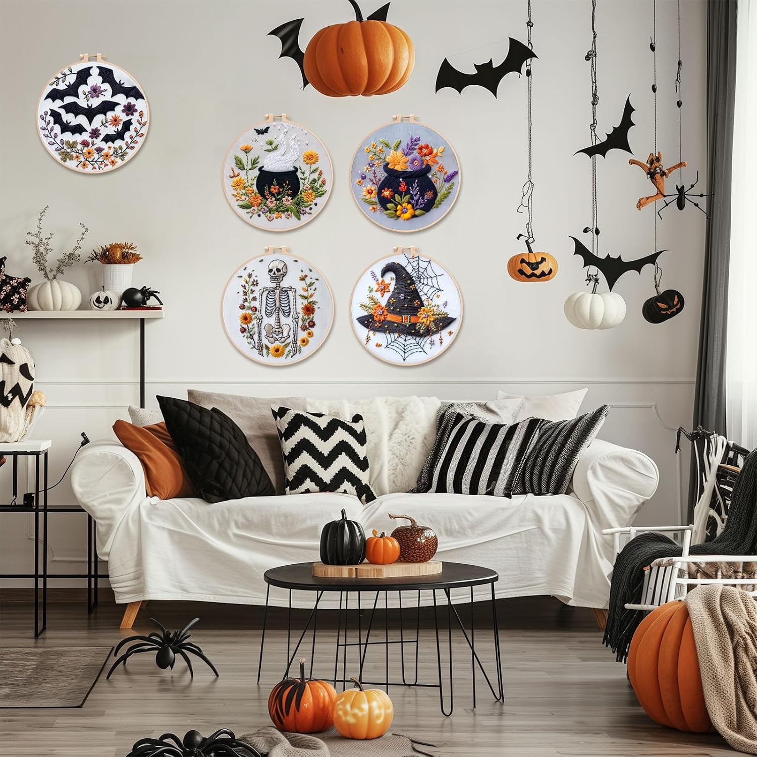 YOUDRN Halloween Embroidery Kit,Halloween Cross Stitch Kit,DIY Embroidery Kits for Adults,Embroidery Kit for Beginners with Pattern,Cotton Threads,Needles,Instruction,20cm Hoop (4 Set)