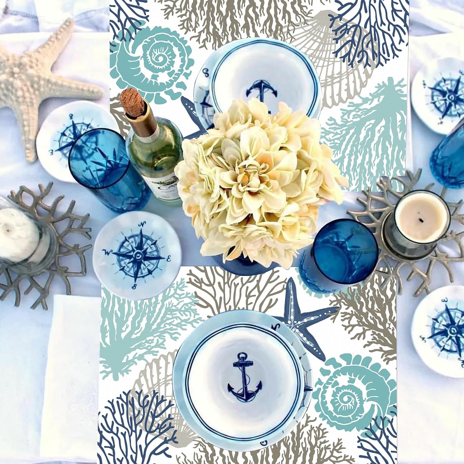 Paper Placemats Disposable 50 Pack Sea Shell Starfish Paper Placemats 16x 11 Inch Beach Ocean Themed Summer Place Mats for Wedding Birthday Holiday Party Kitchen Dining Table Decorations
