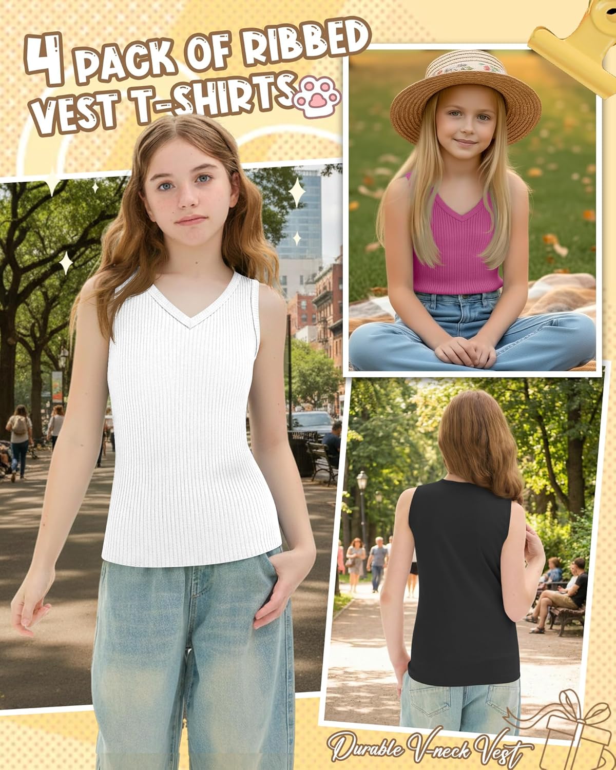 Oakgarden 4 Pack Girls' Tank Tops Ribbed V Neck Sleeveless Cute Summer Tee Slim Fitted Camisole Kids Soft Casual Basic Tanks