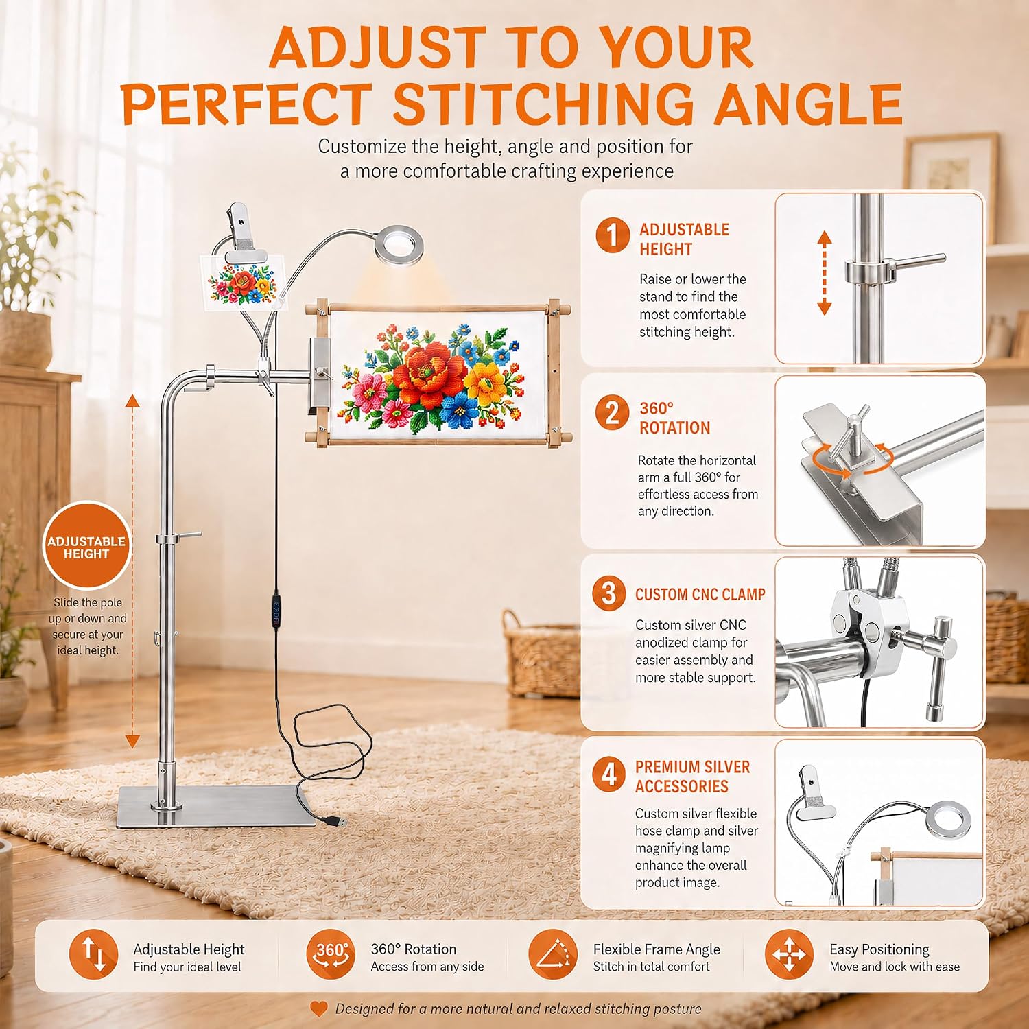 Needlepoint Stand, Adjustable Cross Stitch Floor Stand with Lighted Magnifier Stainless Steel Embroidery Stand with Side Clamp Crab, Rotating Frame Stand, Hoops & Scroll Rods up to 20"