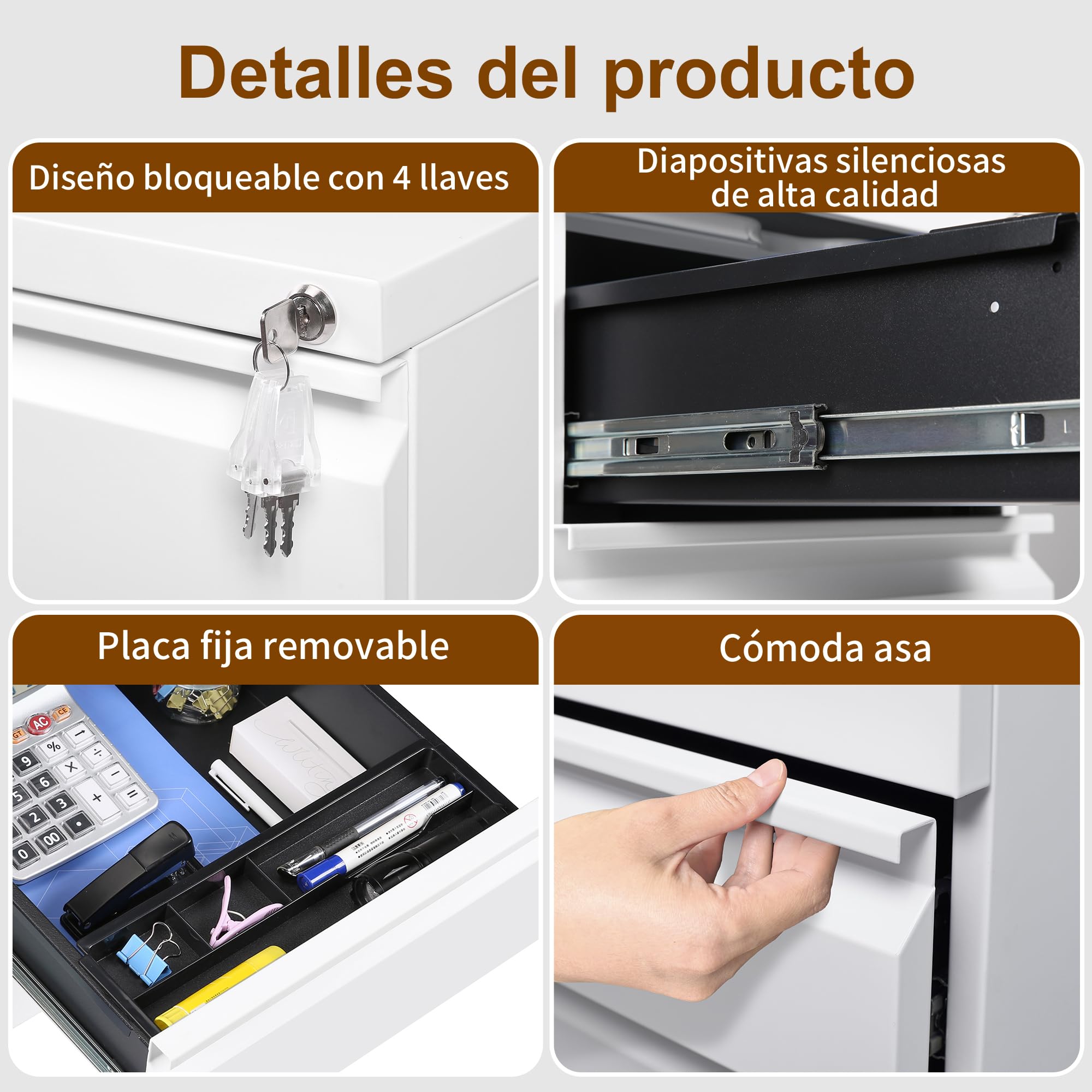 Cajonera móvil, Archivador Metálico con Cerradura, 4 Llaves, 3 Cajones, Premontado, para Oficina, Oficina en Casa, Blanco