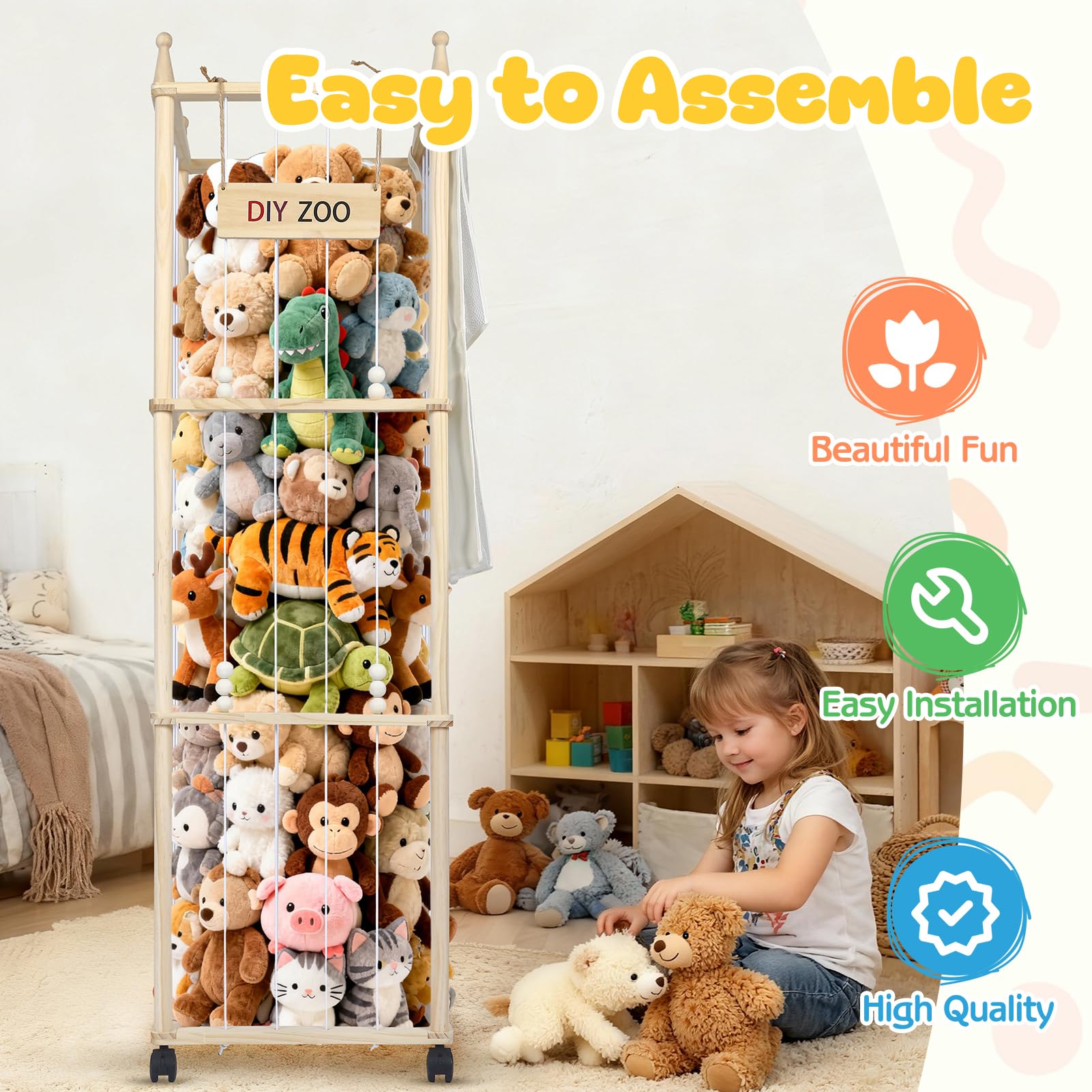 Mobiletto Portaoggetti per Animali di Peluche, 138x40x40CM in Legno Massello, Girevole a 360° e Bloccabile per Soggiorno, Camera da Letto e Cameretta dei Bambini (con Tasche Portaoggetti)